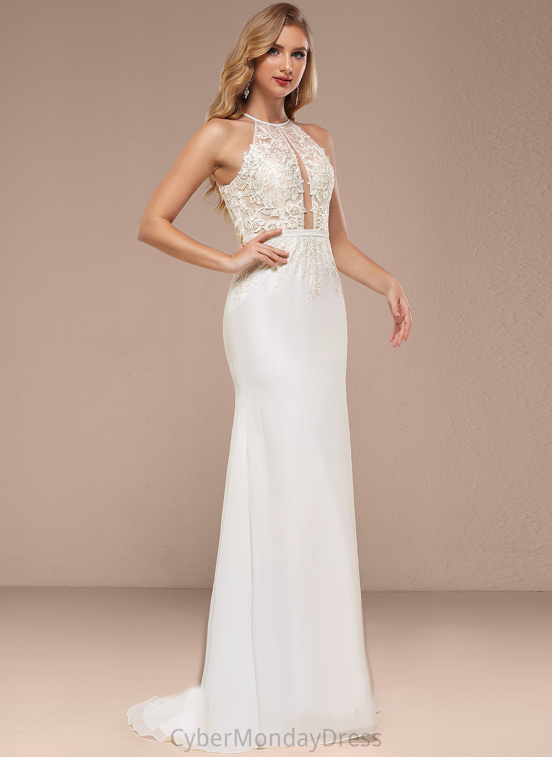 With Wedding Dresses Trumpet/Mermaid Wedding Dress Chiffon Sweep Halter Lace Sequins Train Aracely