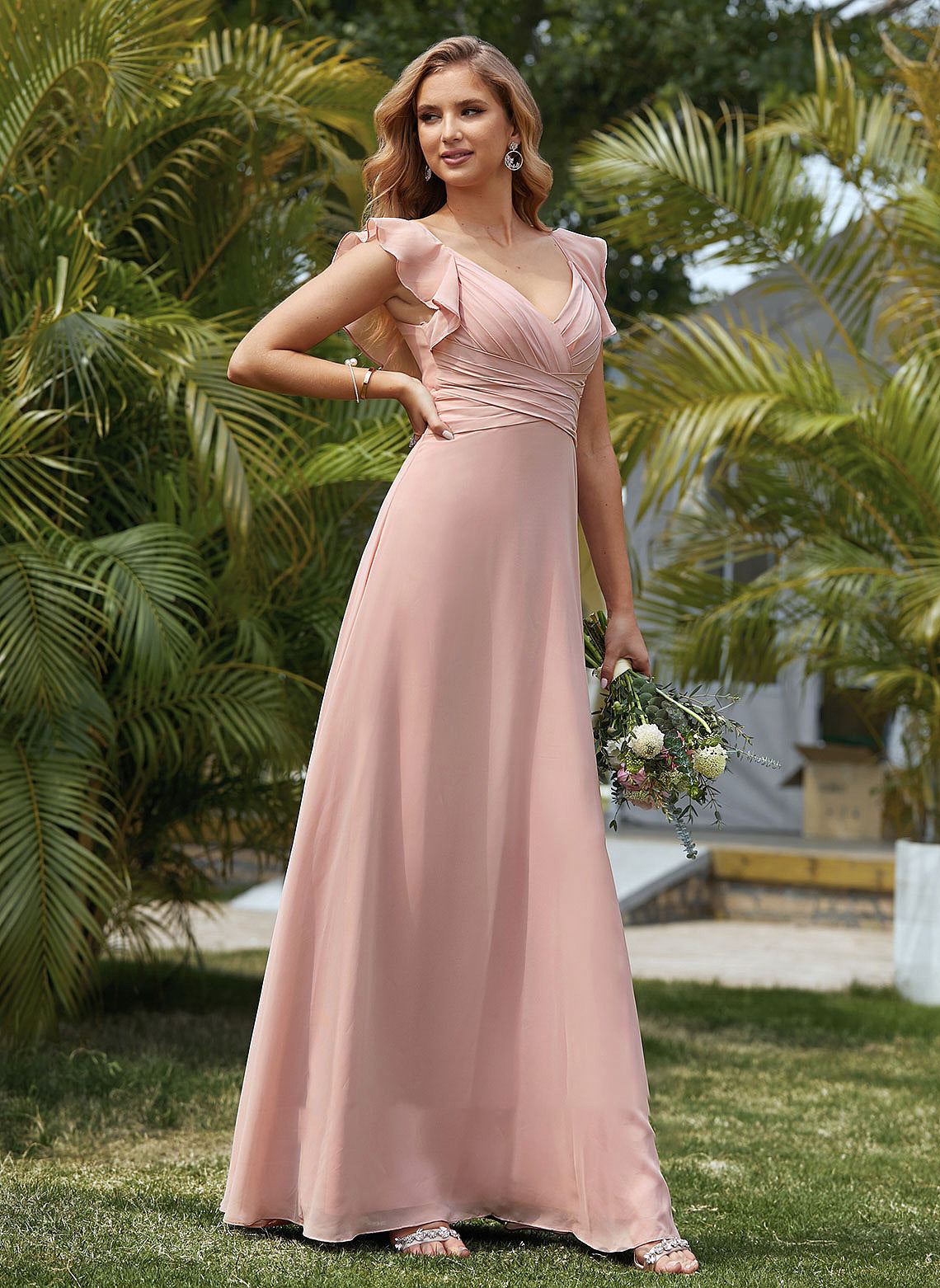 CascadingRuffles Floor-Length Neckline Silhouette Length V-neck Embellishment Empire Fabric Delilah Floor Length A-Line/Princess Bridesmaid Dresses