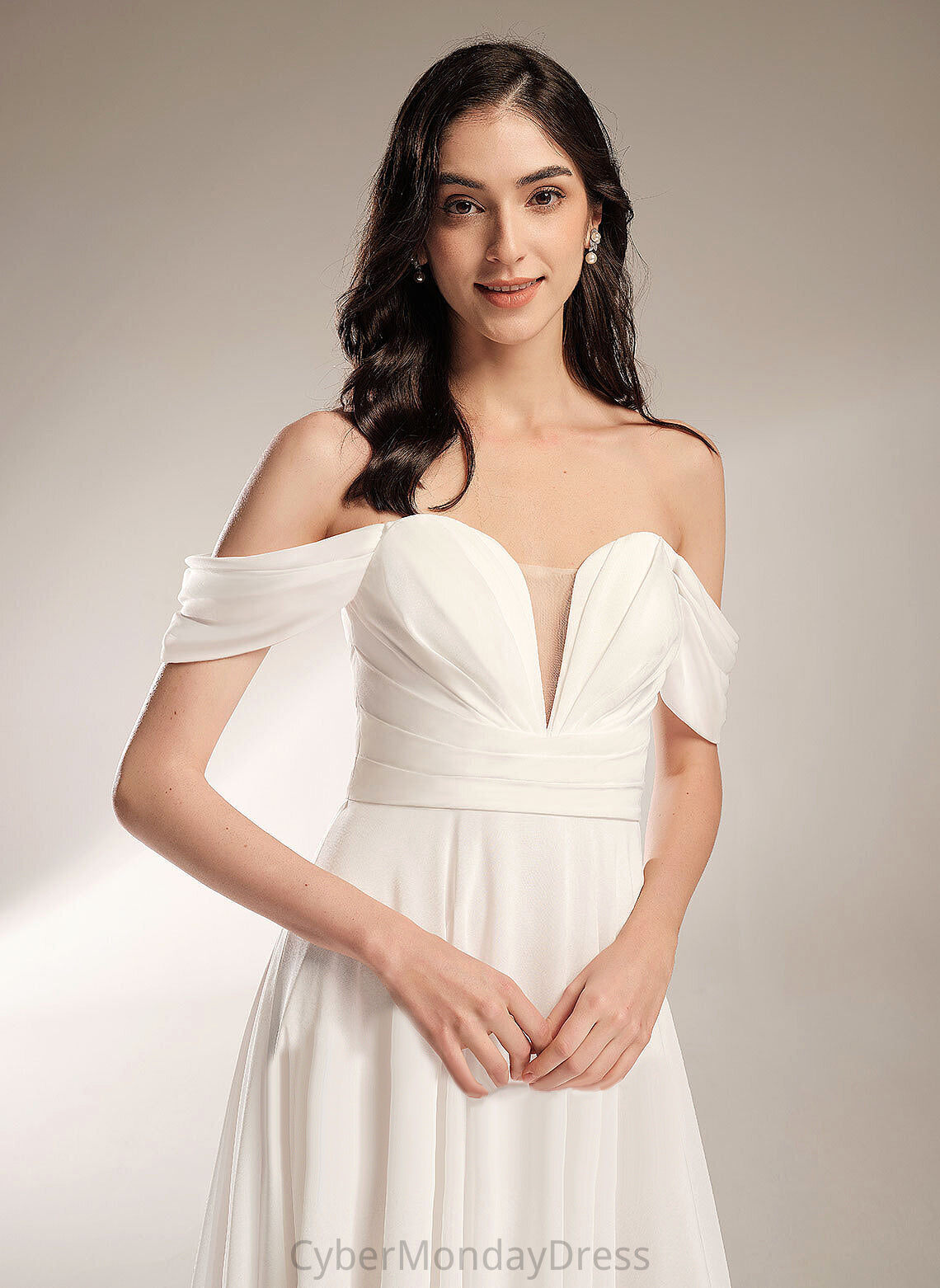 Jaelynn Train Wedding Dress Off-the-Shoulder Pleated Wedding Dresses Court A-Line Chiffon With