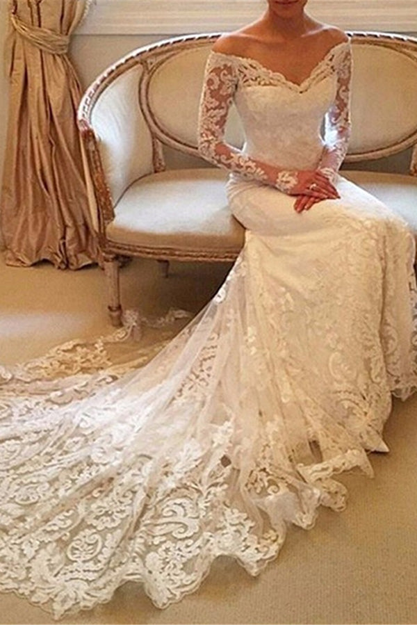 Charming V Neck Long Sleeves Off The Shoulder With Appliques Wedding Dresses