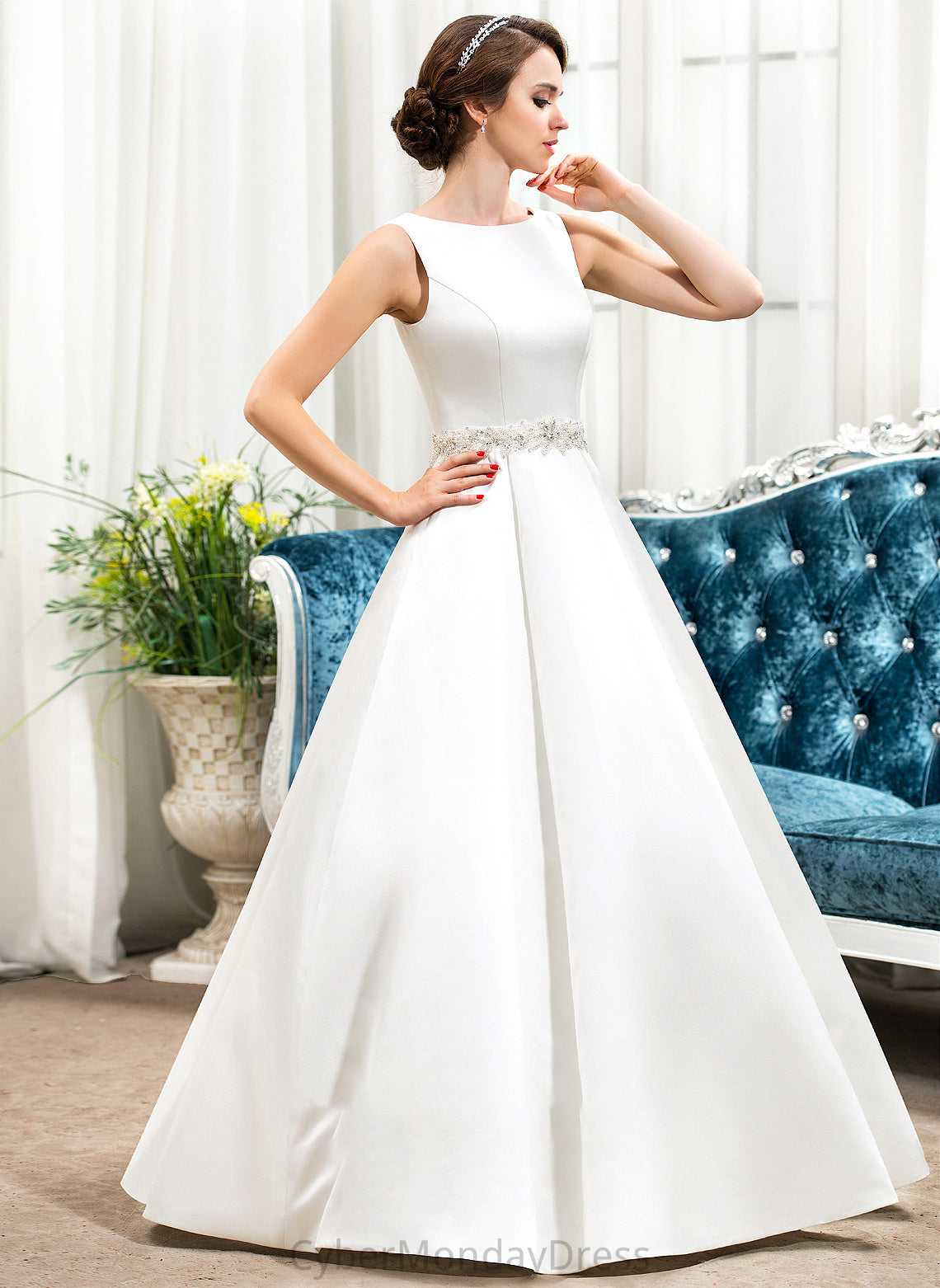 Sequins With Ball-Gown/Princess Floor-Length Wedding Dresses Neck Scoop Dress Wedding Satin Beading Millicent