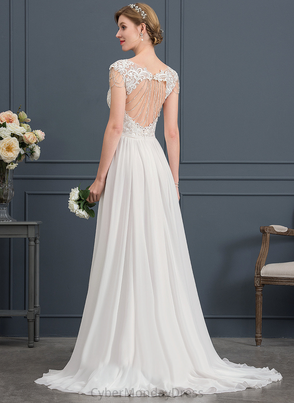 A-Line With Sequins V-neck Sweep Beading Dress Wedding Dresses Chiffon Lace Madilyn Train Wedding