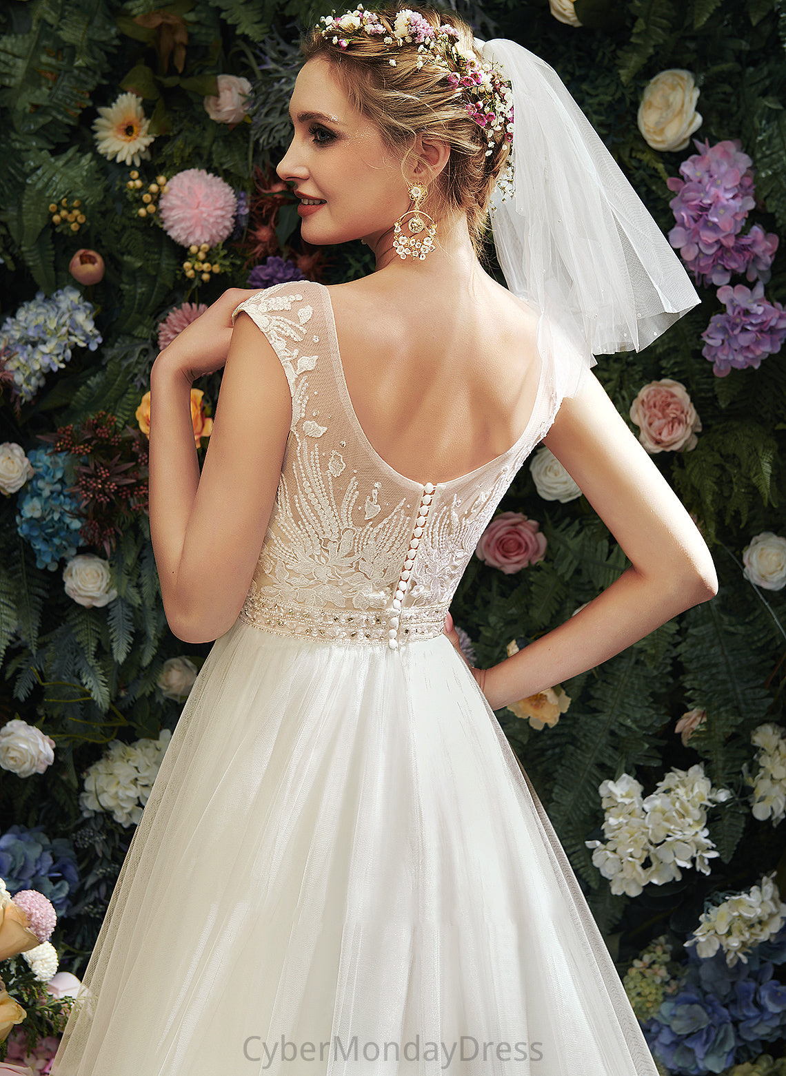 A-Line Beading Dress Lace Wedding Dresses With Illusion Skye Train Court Wedding Sequins