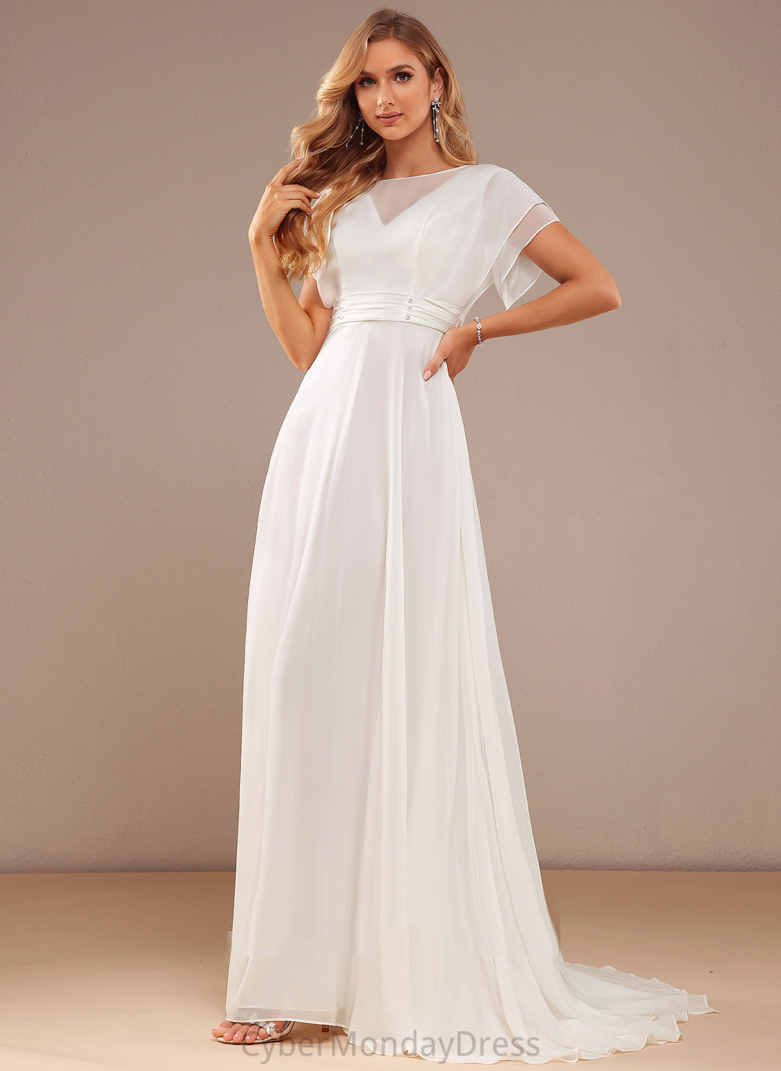 Scoop Dress Arielle Train A-Line Wedding With Beading Wedding Dresses Chiffon Neck Sweep