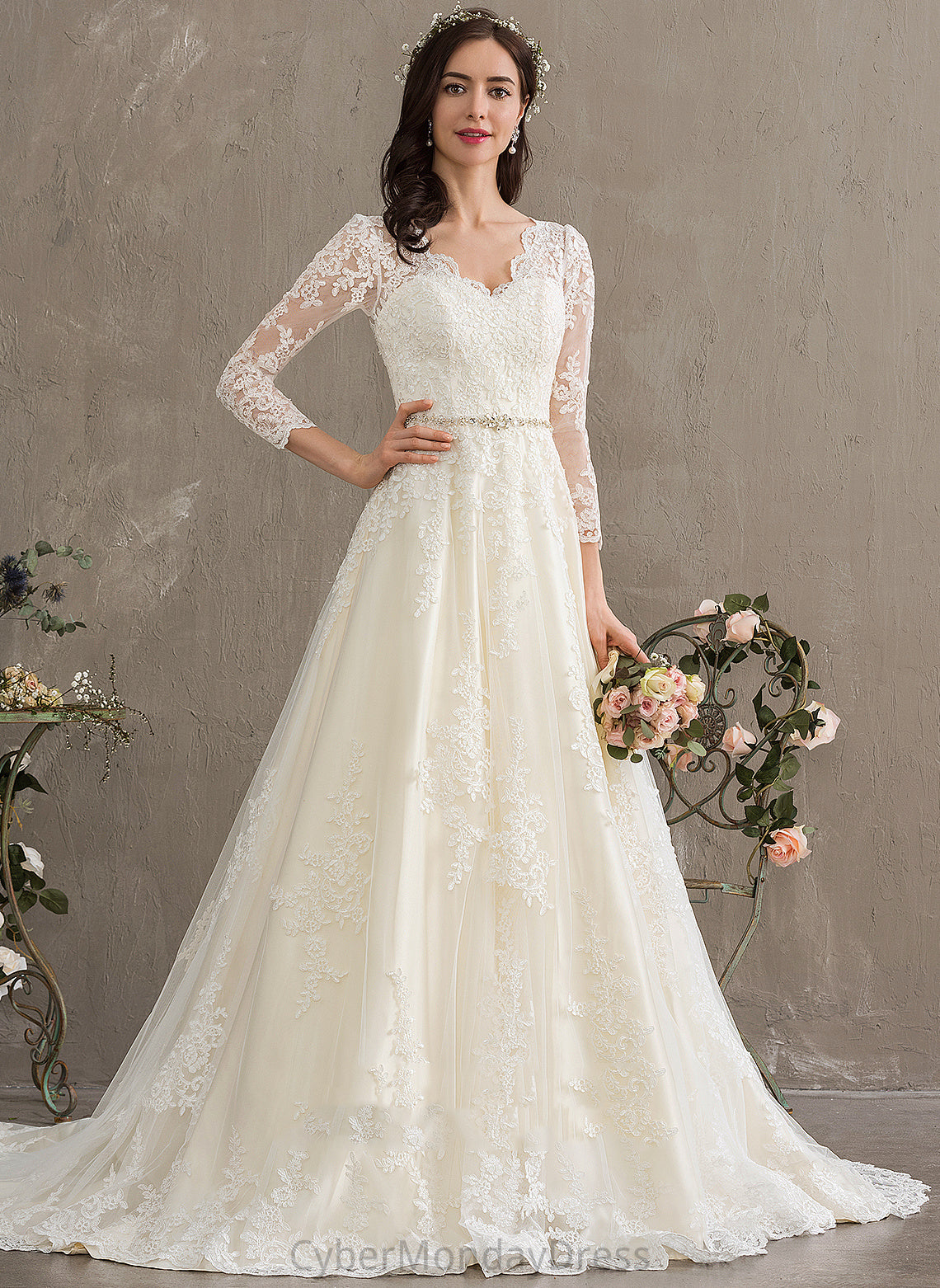 Wedding Dresses Allisson V-neck Sequins Beading Ball-Gown/Princess Lace Dress Train With Tulle Chapel Wedding