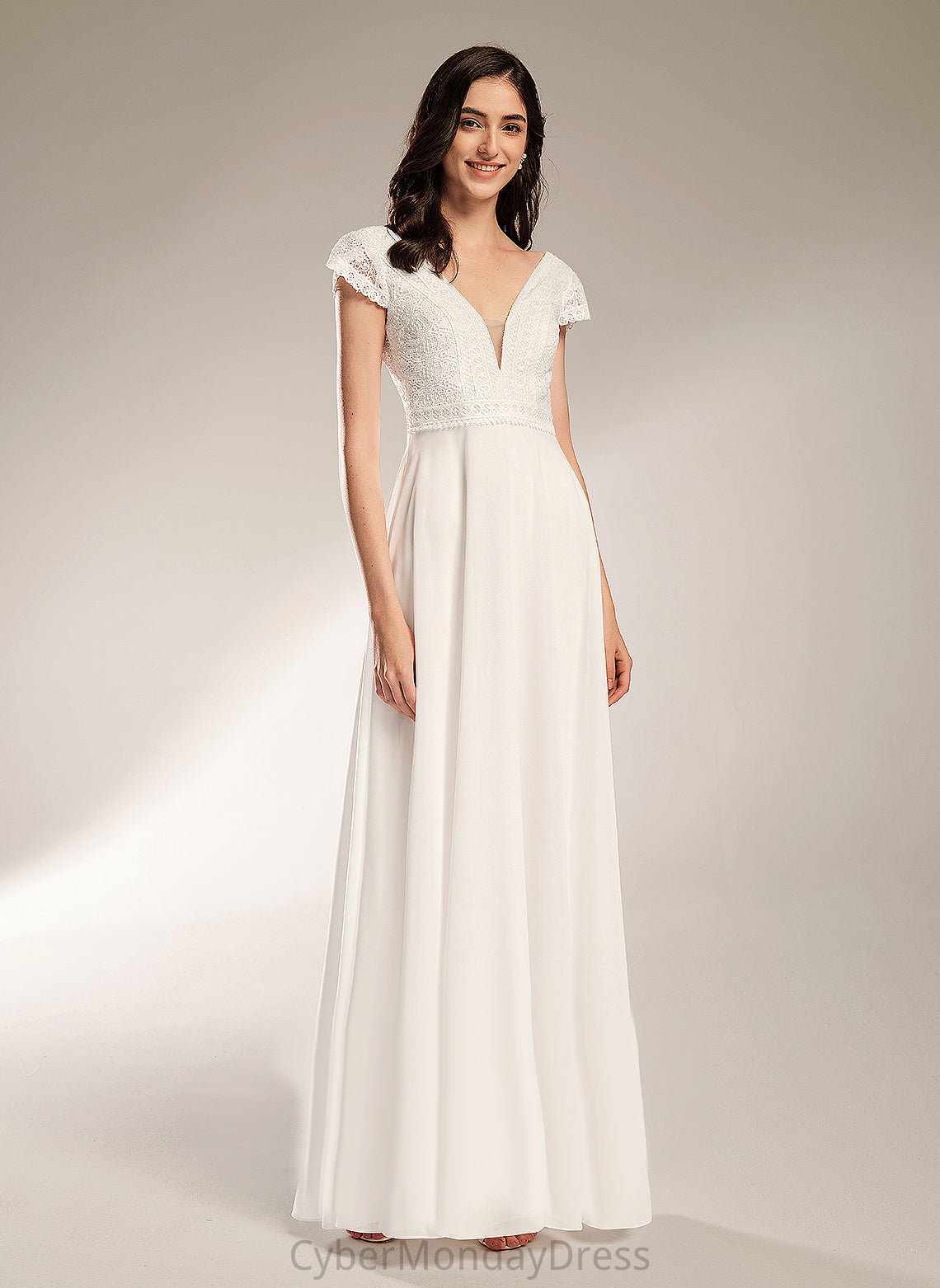 Wedding Dresses Chiffon Kira V-neck Dress Wedding Lace Floor-Length A-Line