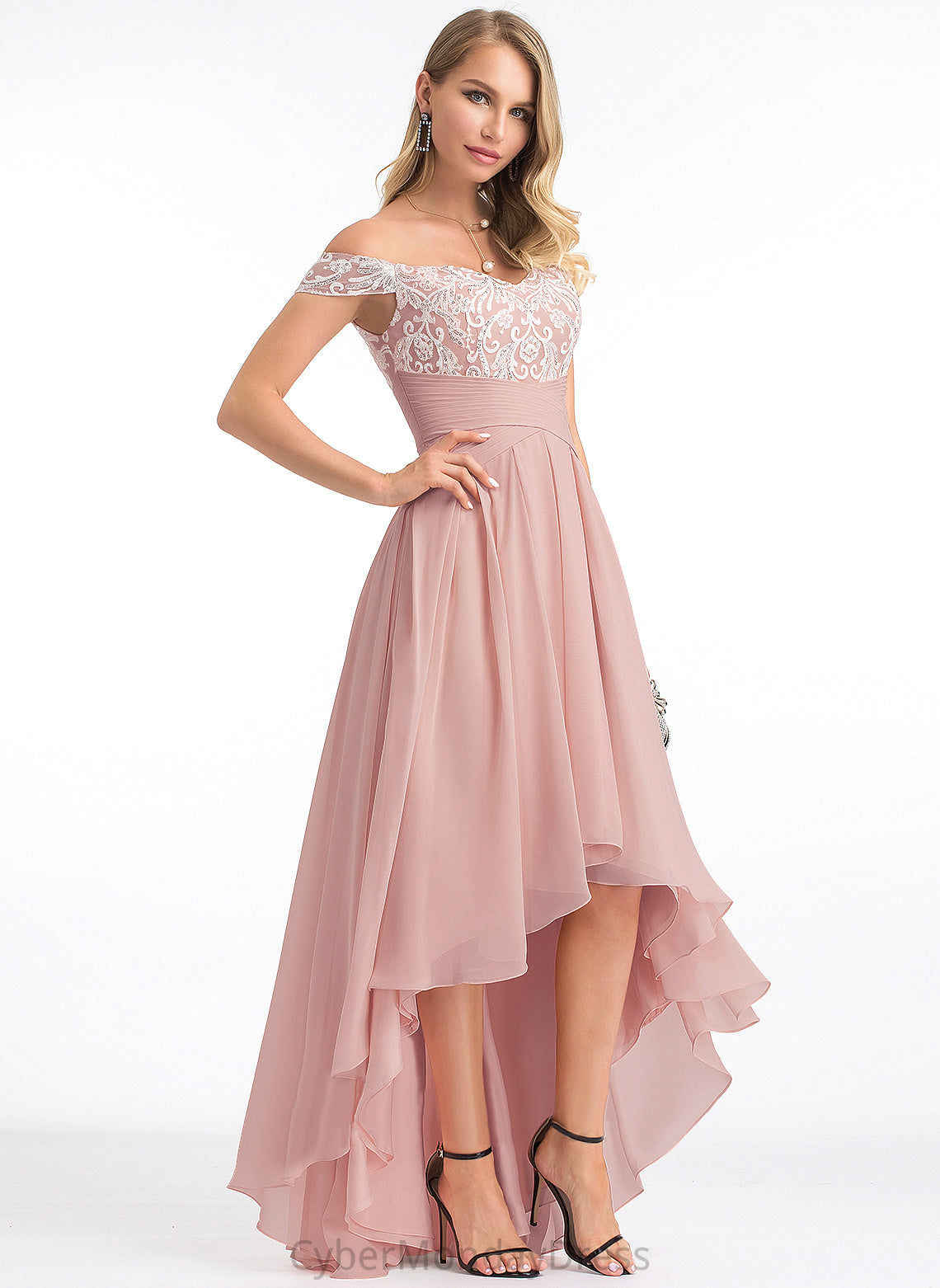 Dress Lace A-Line Asymmetrical Wedding Chiffon Pleated With Wedding Dresses Off-the-Shoulder Jazmin