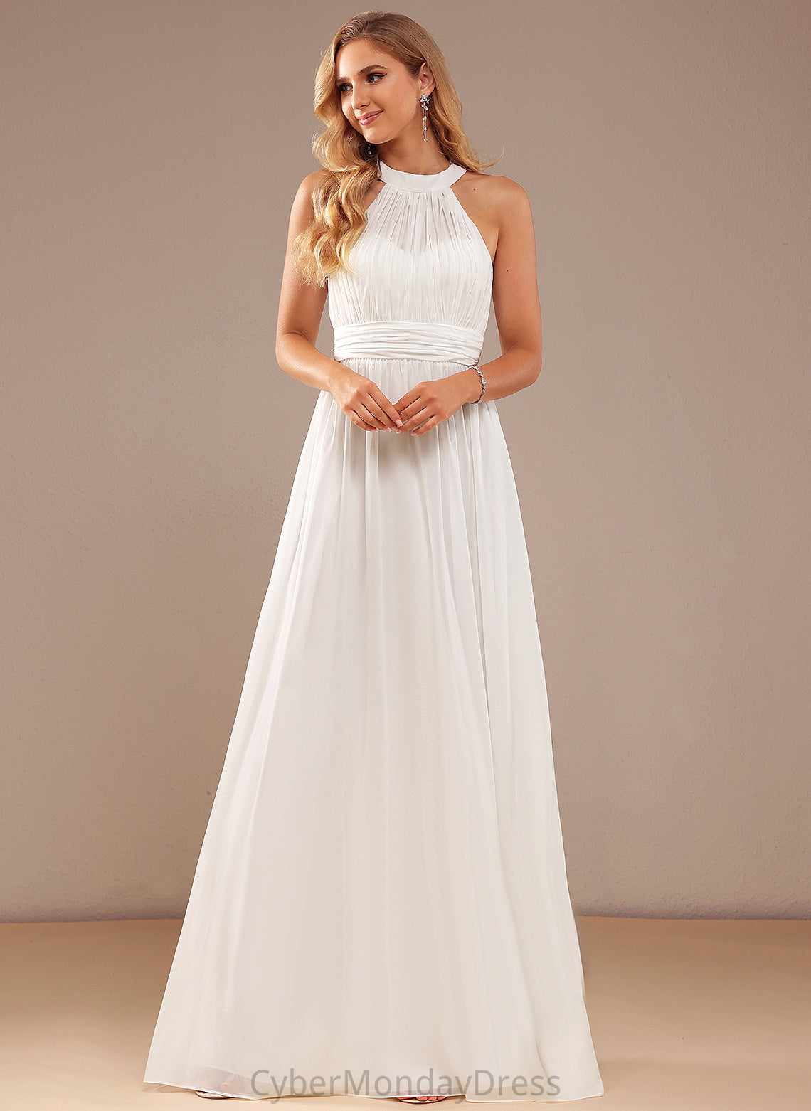 A-Line Wedding Chiffon Neck Dress Ruffle Floor-Length With Wedding Dresses High Lilia