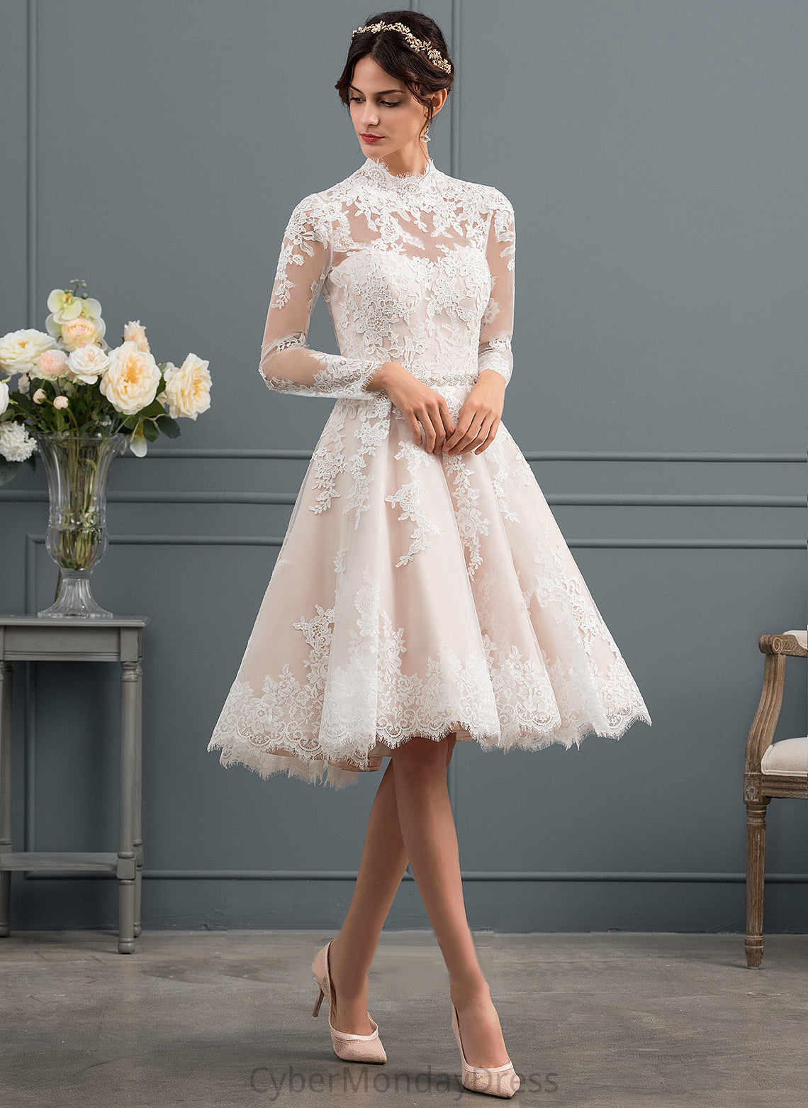 Illusion Wedding Esperanza A-Line Wedding Dresses Knee-Length Tulle Lace Dress