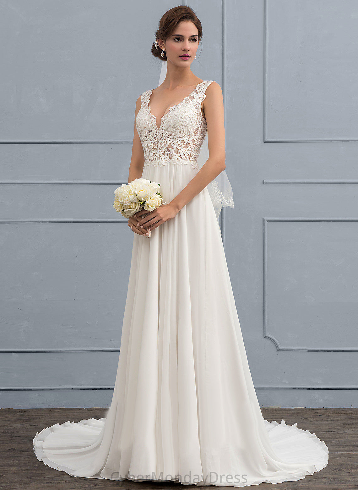 Dress Court Jayda V-neck Train Wedding Dresses Lace Wedding Chiffon A-Line