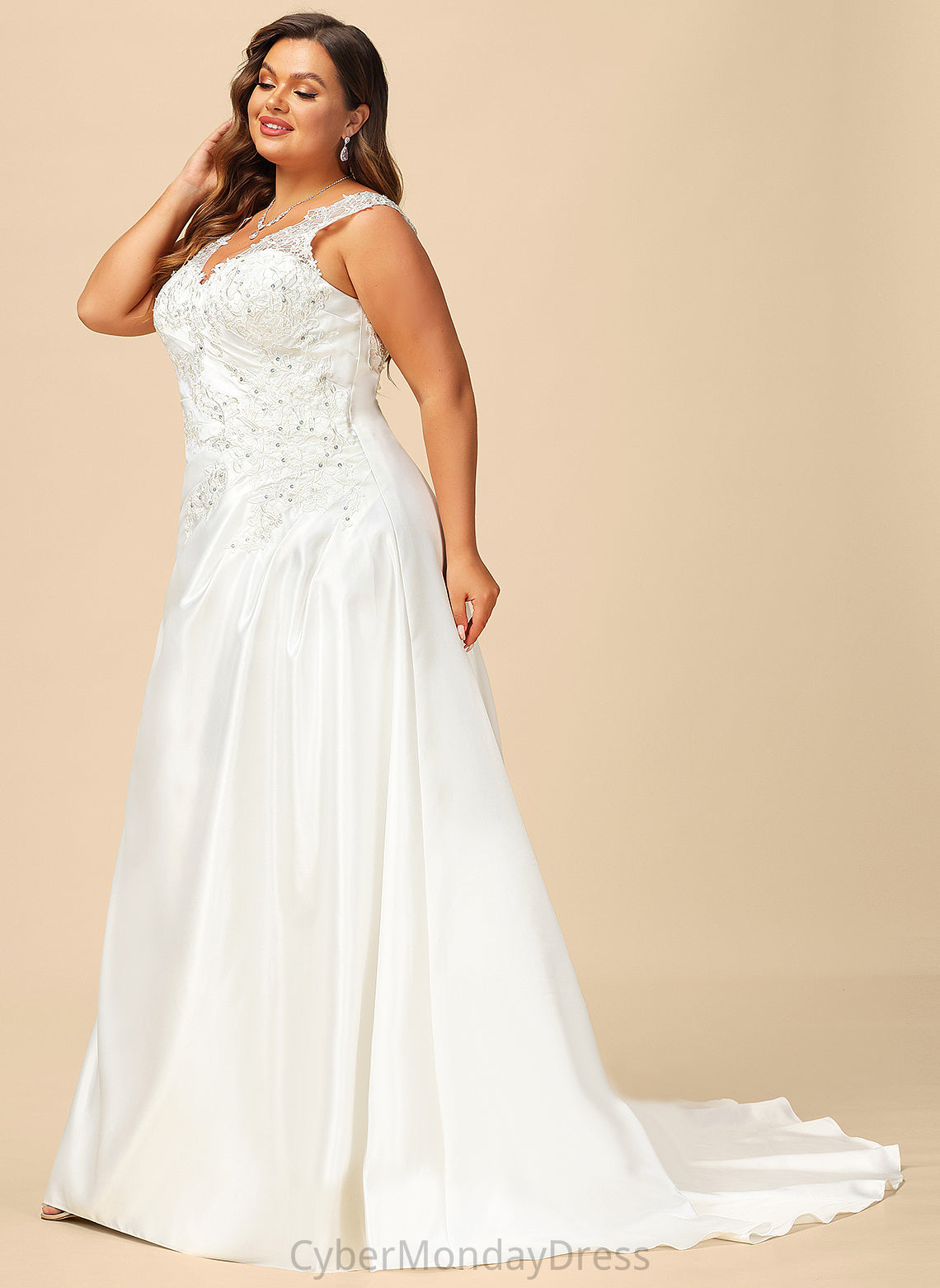 Ball-Gown/Princess Lace Wedding Wedding Dresses V-neck Ruffle Satin Sweep Dress Beading Kayleigh With Sequins Train