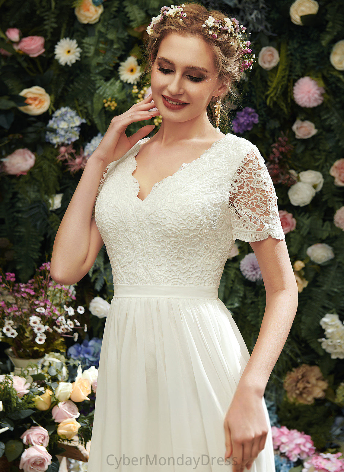 Chiffon V-neck Asymmetrical Nyasia Wedding Lace Dress Wedding Dresses A-Line