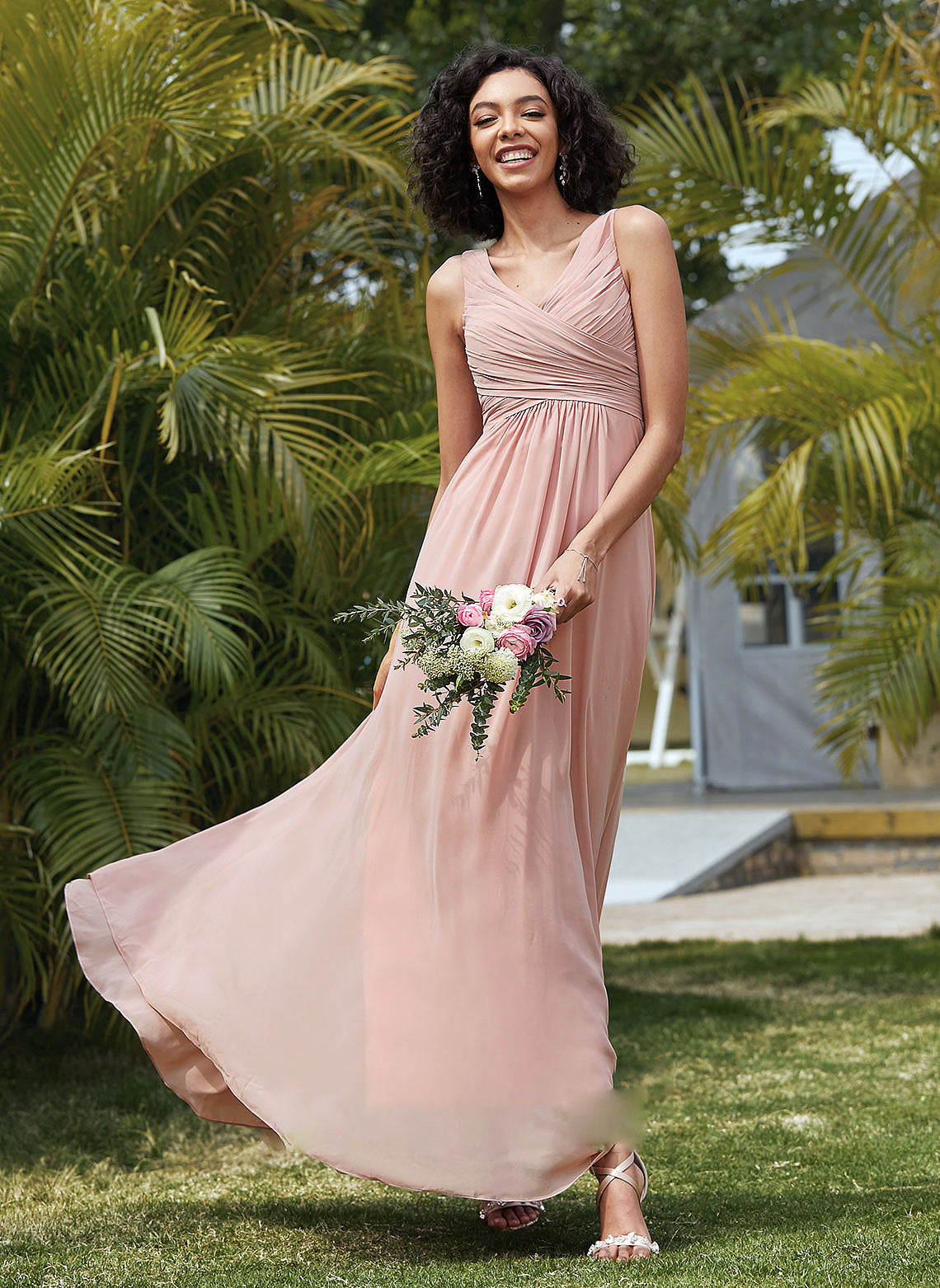 Floor-Length Fabric Silhouette Neckline V-neck A-Line Ruffle Length Embellishment Payten Bridesmaid Dresses