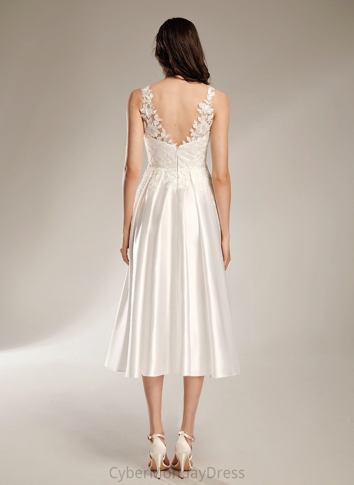 Wedding Dress Lace Tea-Length V-neck Satin Simone Wedding Dresses A-Line