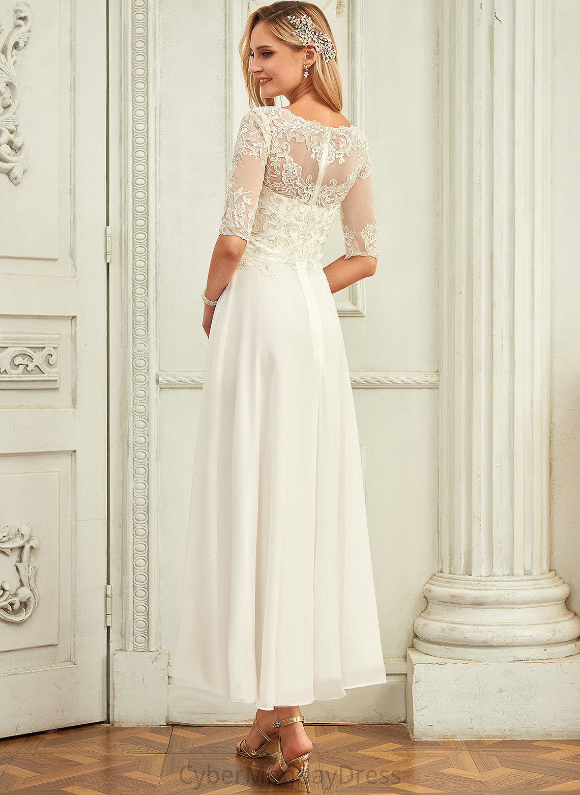 Chiffon Wedding Dresses A-Line With Sequins Viv Wedding Beading Asymmetrical Scoop Dress Lace