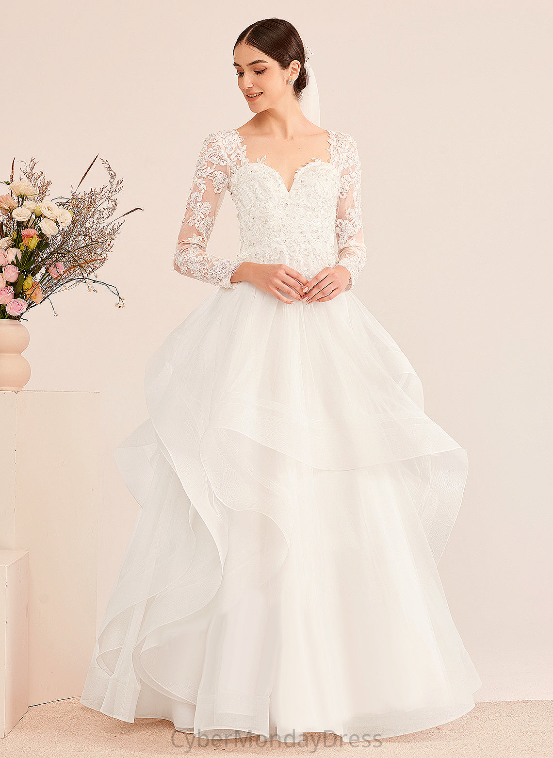 Floor-Length With Sequins Wedding Dresses Tulle Dress Wedding Ball-Gown/Princess Beading Kianna V-neck Lace