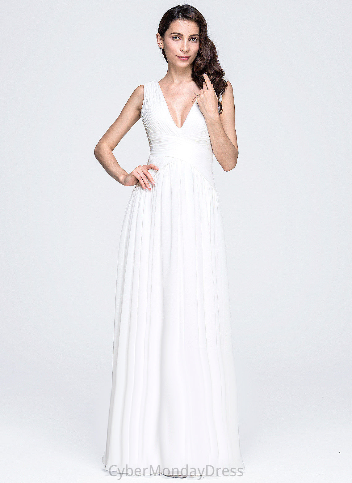 V-neck Eliza A-Line Wedding Dresses Pleated Wedding Floor-Length Chiffon Dress With