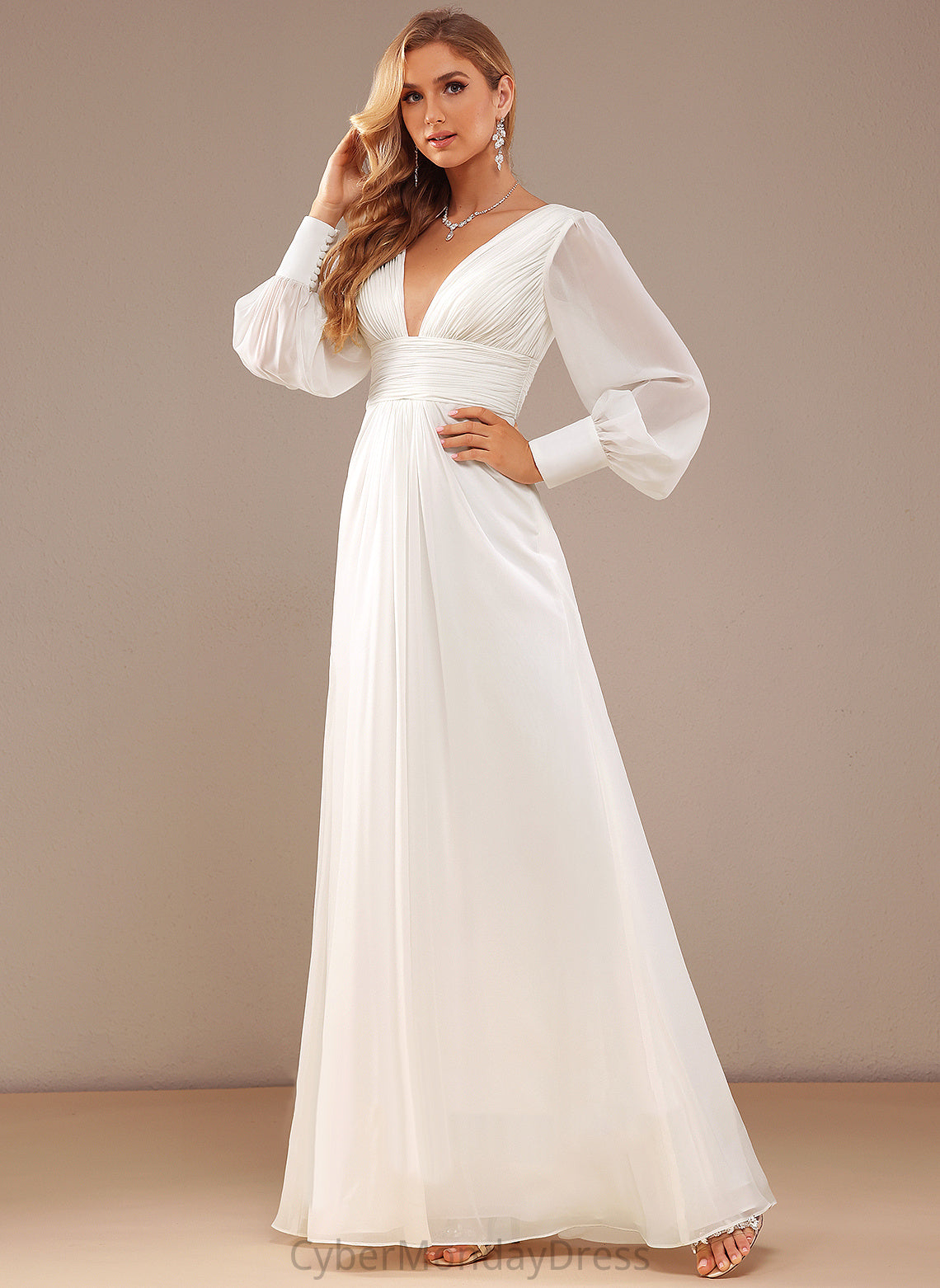 Wedding Wedding Dresses Chiffon Dress Floor-Length Kayden A-Line With V-neck Ruffle