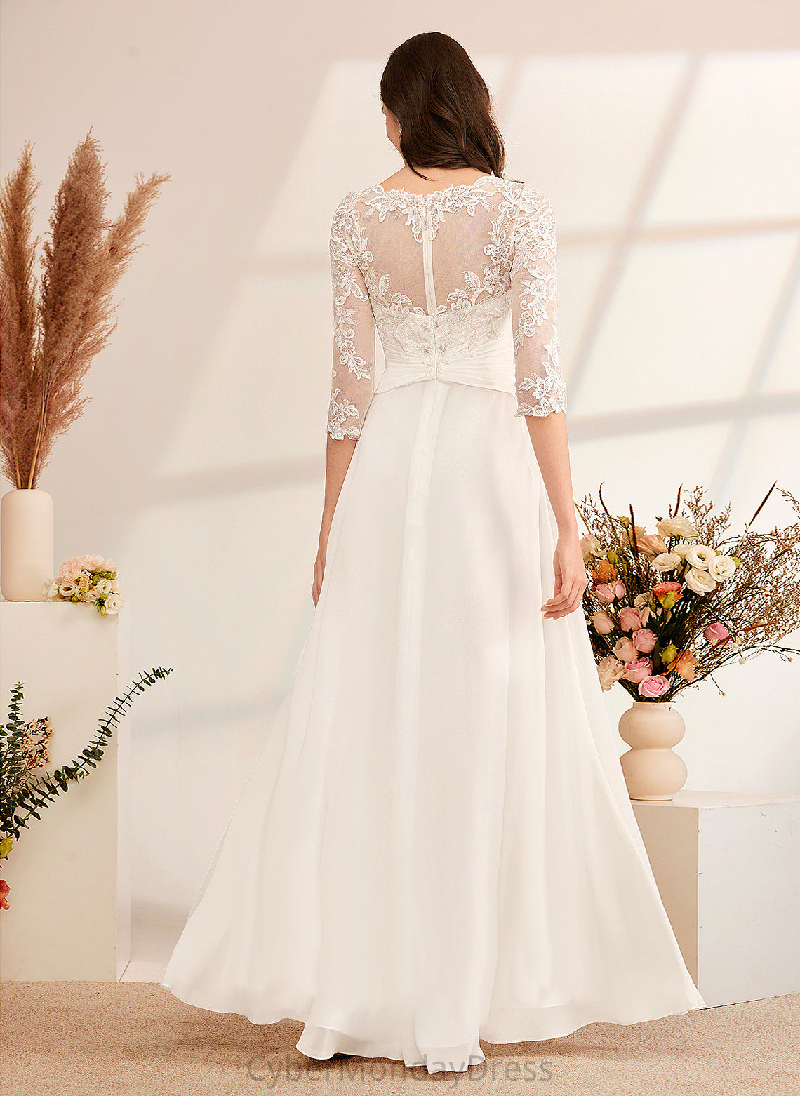 Wedding Wedding Dresses Ruffle Illusion A-Line Dress Chiffon Norah With Lace Floor-Length Beading