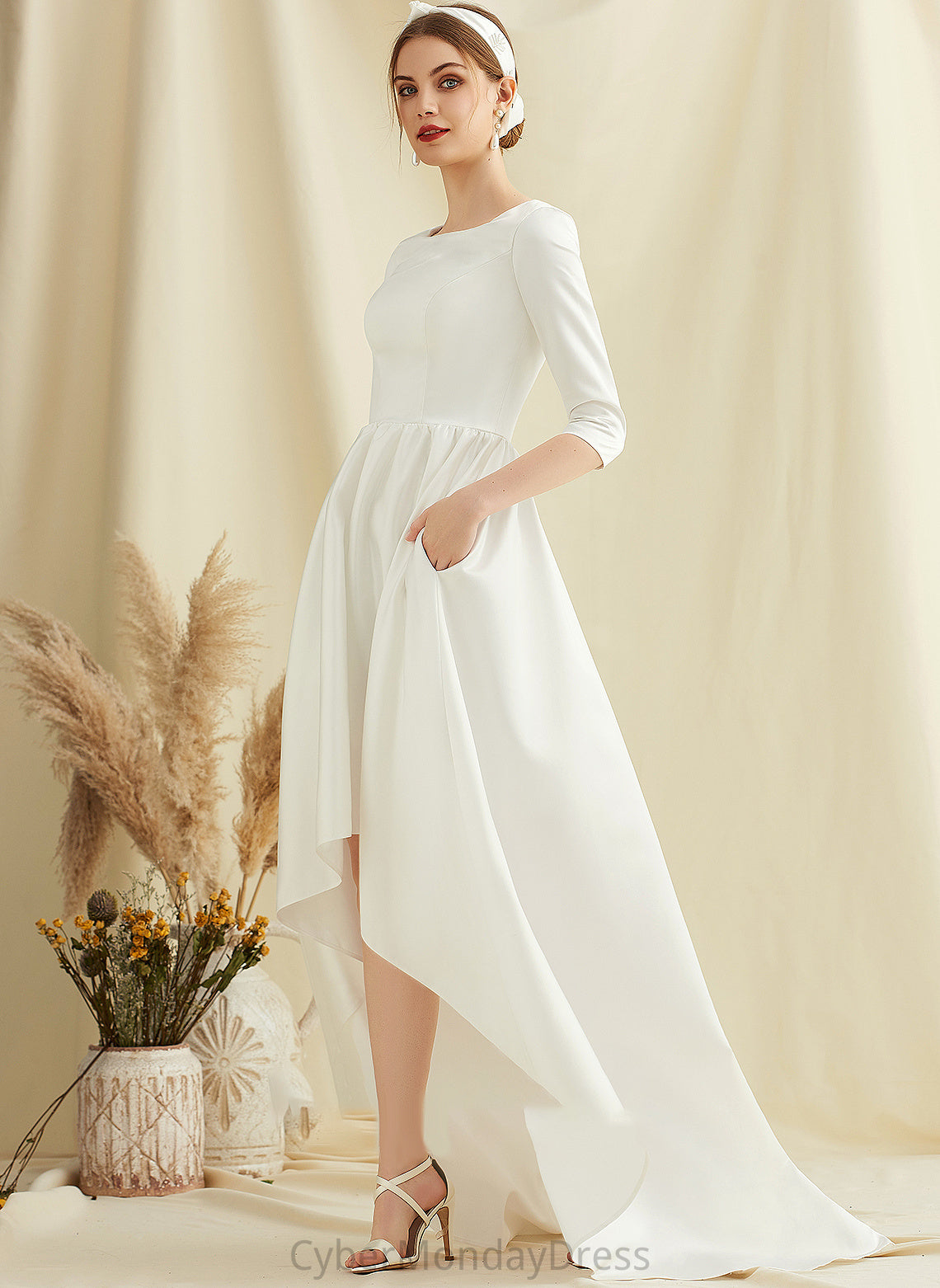 Asymmetrical Dress Pockets Scoop Kailee Neck Wedding With A-Line Satin Wedding Dresses