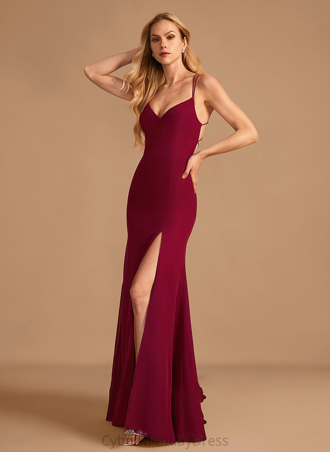 V-neck Silhouette Floor-Length Neckline Embellishment Trumpet/Mermaid SplitFront Length Fabric Kailyn Floor Length Sleeveless Bridesmaid Dresses