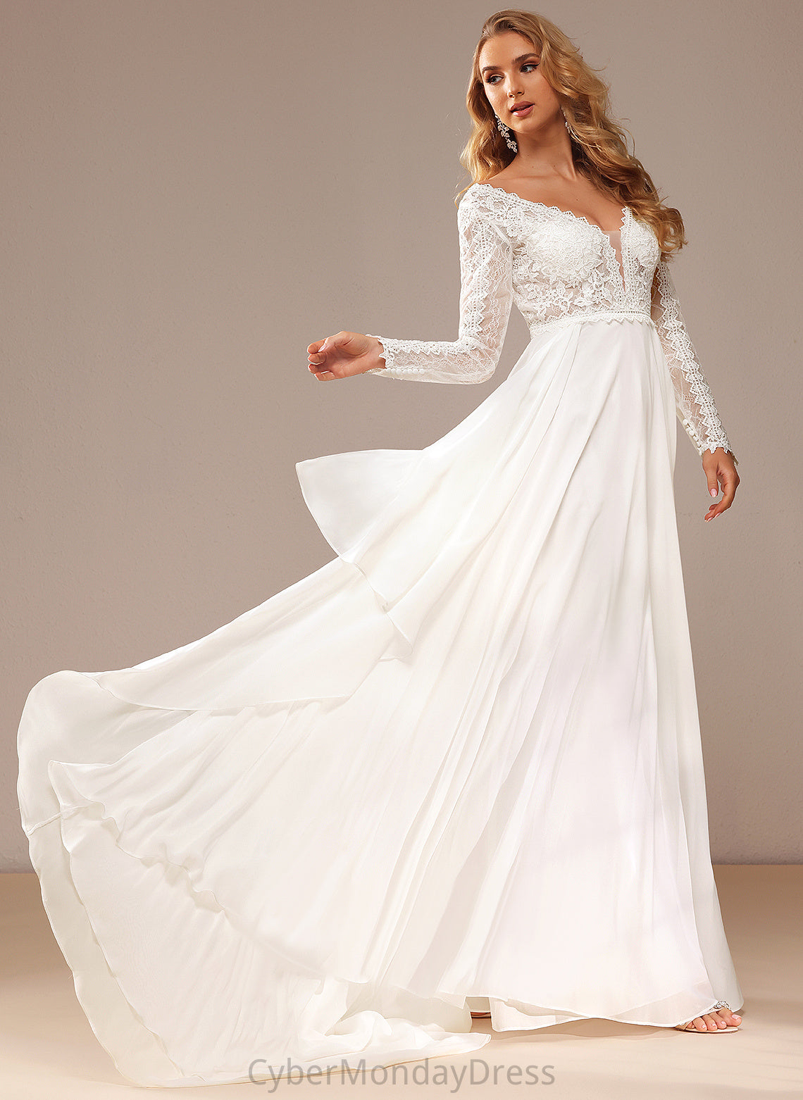 Aleah A-Line Train Dress Ruffle Wedding Dresses Lace Lace With Chiffon V-neck Wedding Court