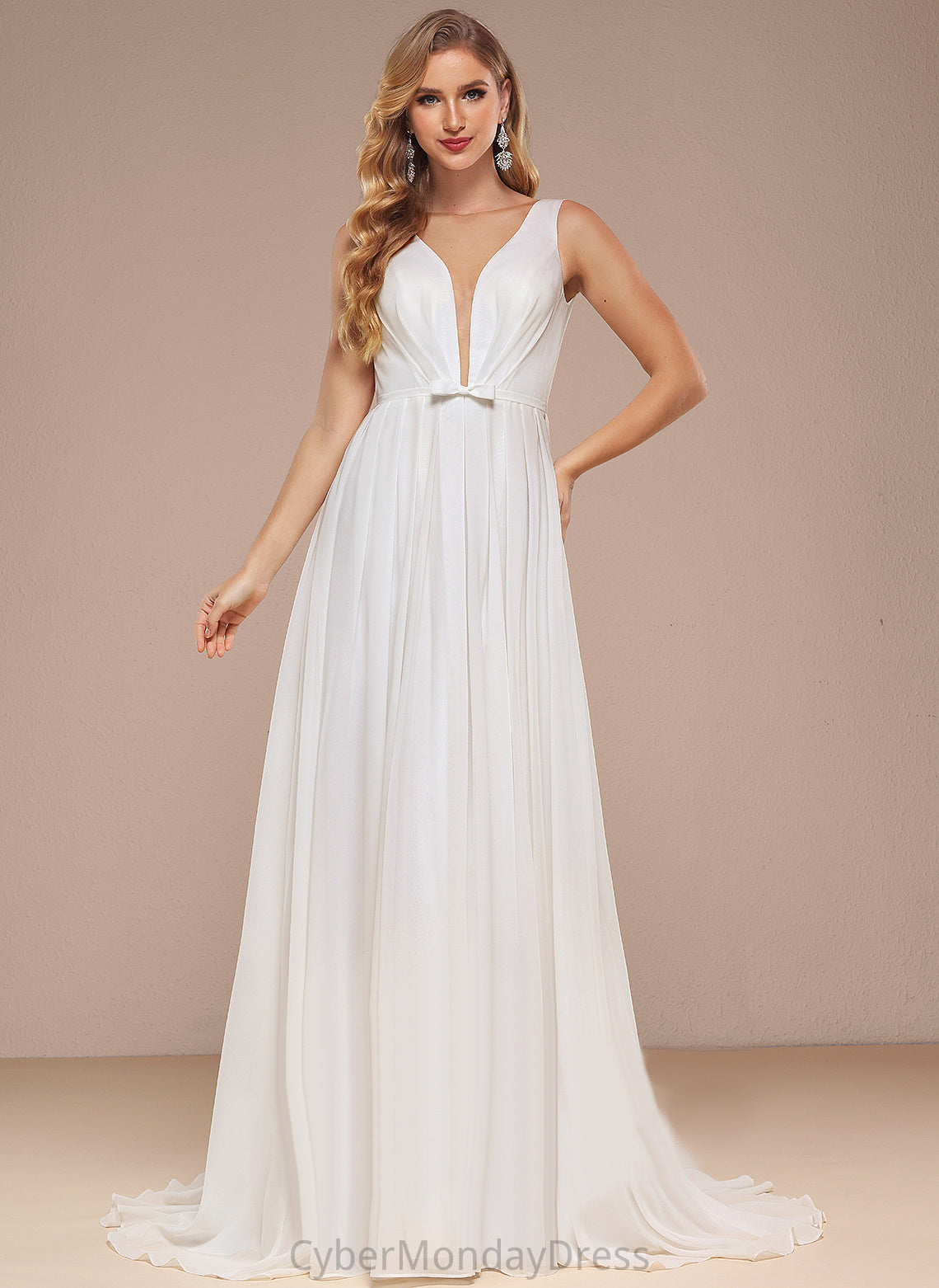 A-Line Sweep With Dress Train V-neck Chiffon Hope Wedding Dresses Wedding Bow(s)