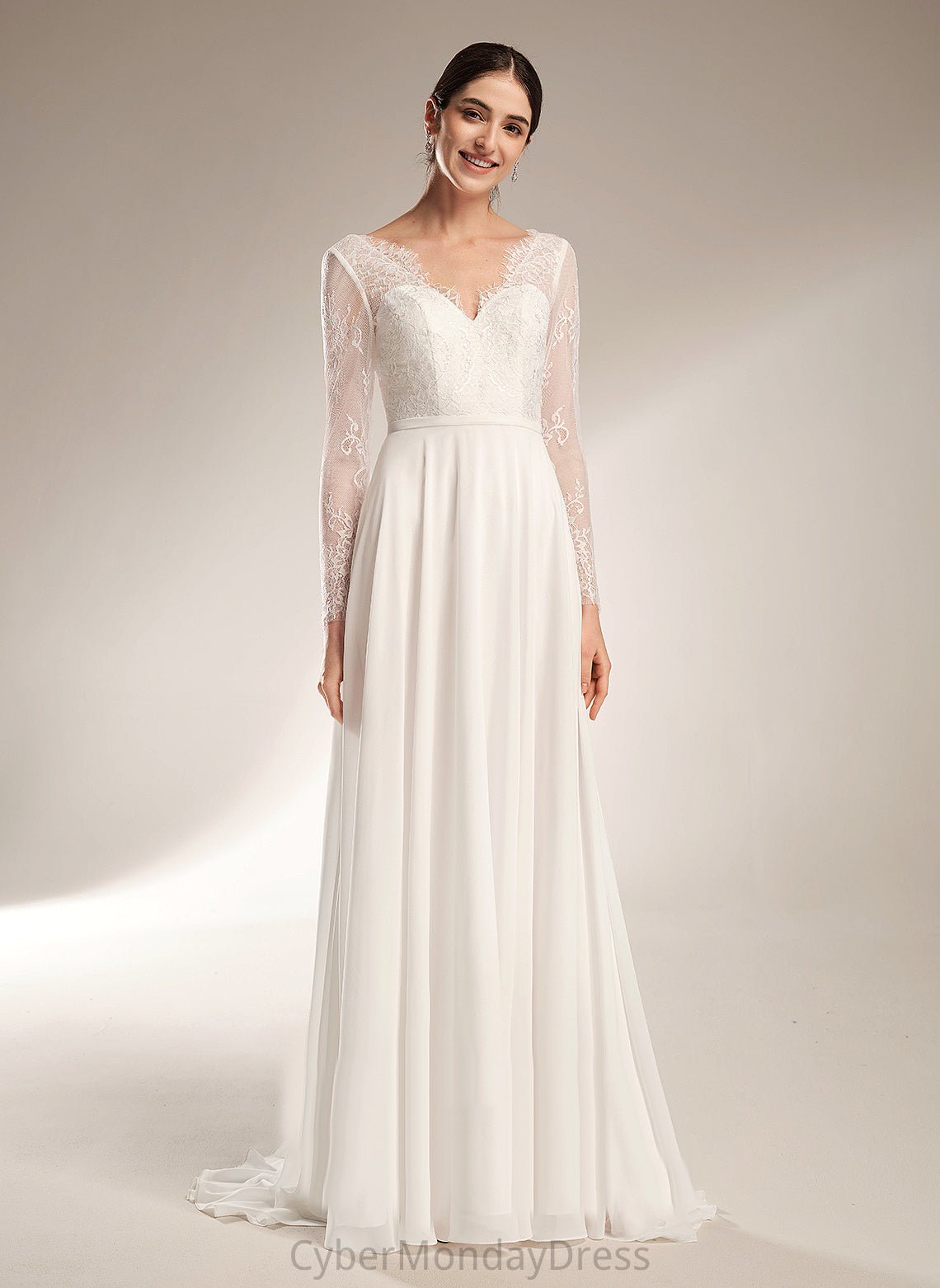 Luciana Lace V-neck Wedding Dresses Dress Sweep Train Wedding A-Line Chiffon