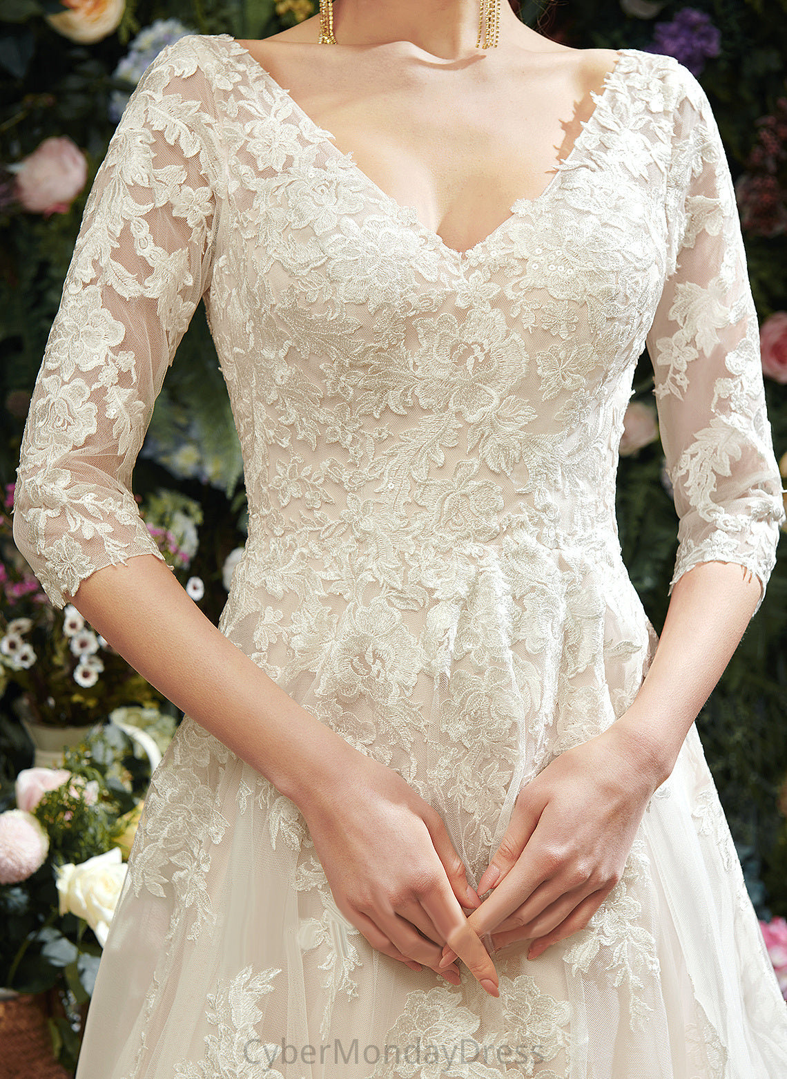 Lace Tulle Train Court Dress Sequins Kaylee A-Line Wedding V-neck Wedding Dresses With