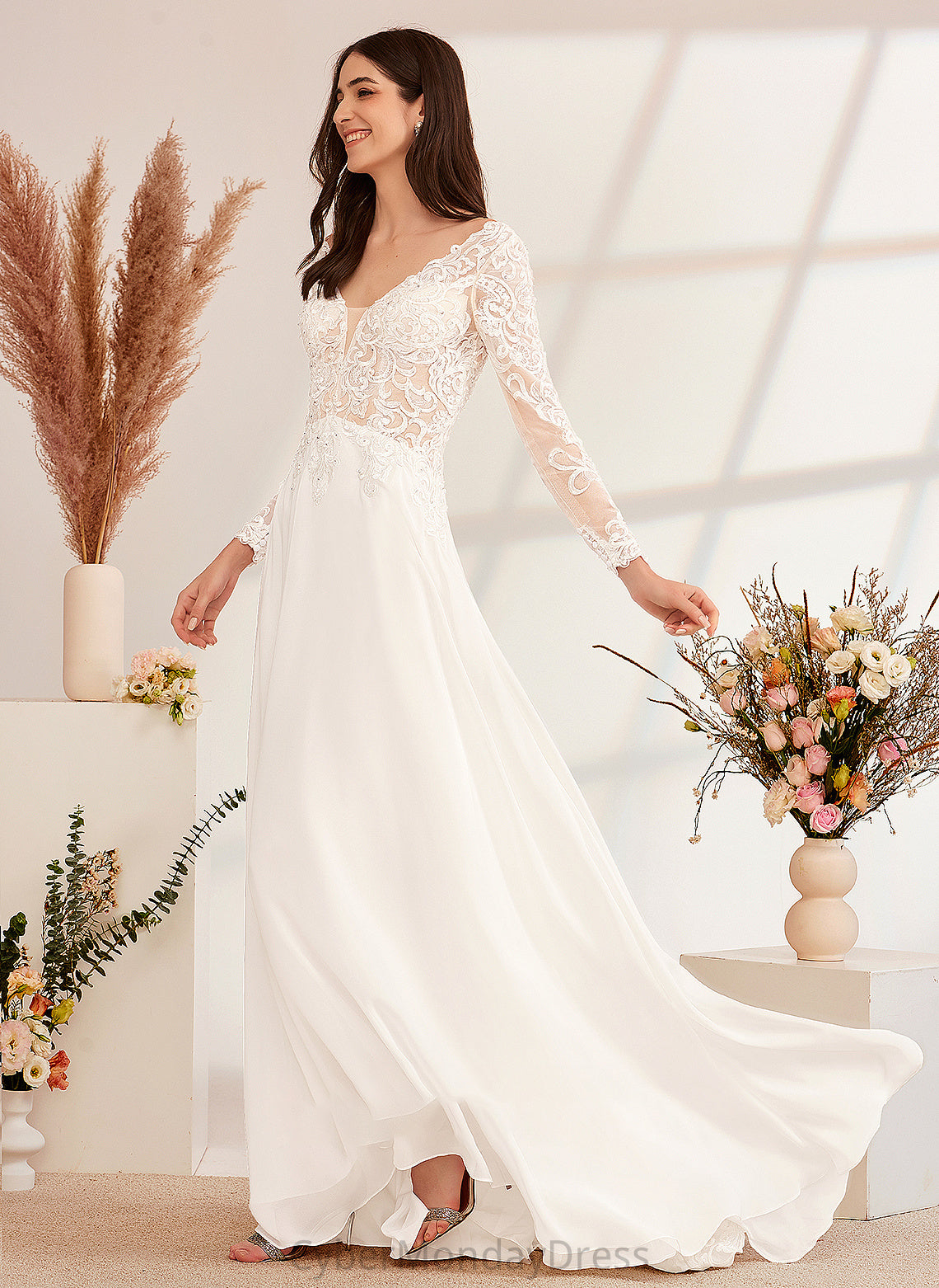 With Train Beading Aspen V-neck Sweep Dress A-Line Wedding Dresses Wedding