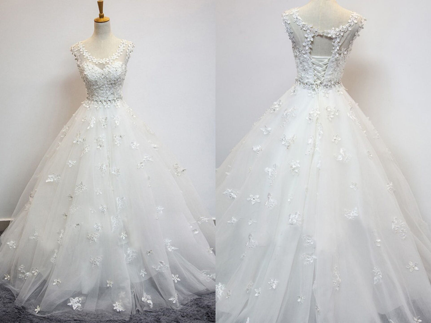 Organza Scoop Cap Sleeves Floor-Length Wedding Dresses with Beading Appliques