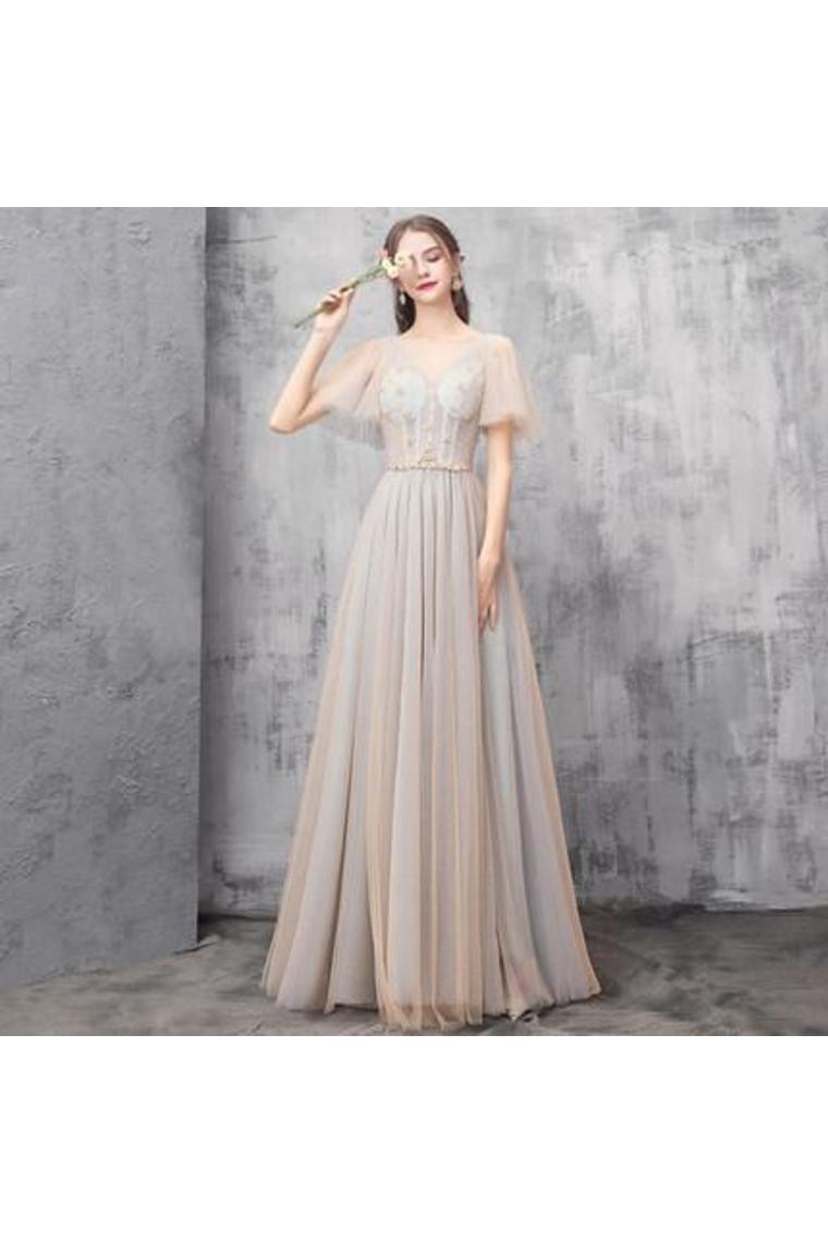 Elegant V Neck Floor Length Tulle Prom Dress, Bridesmaid Dresses