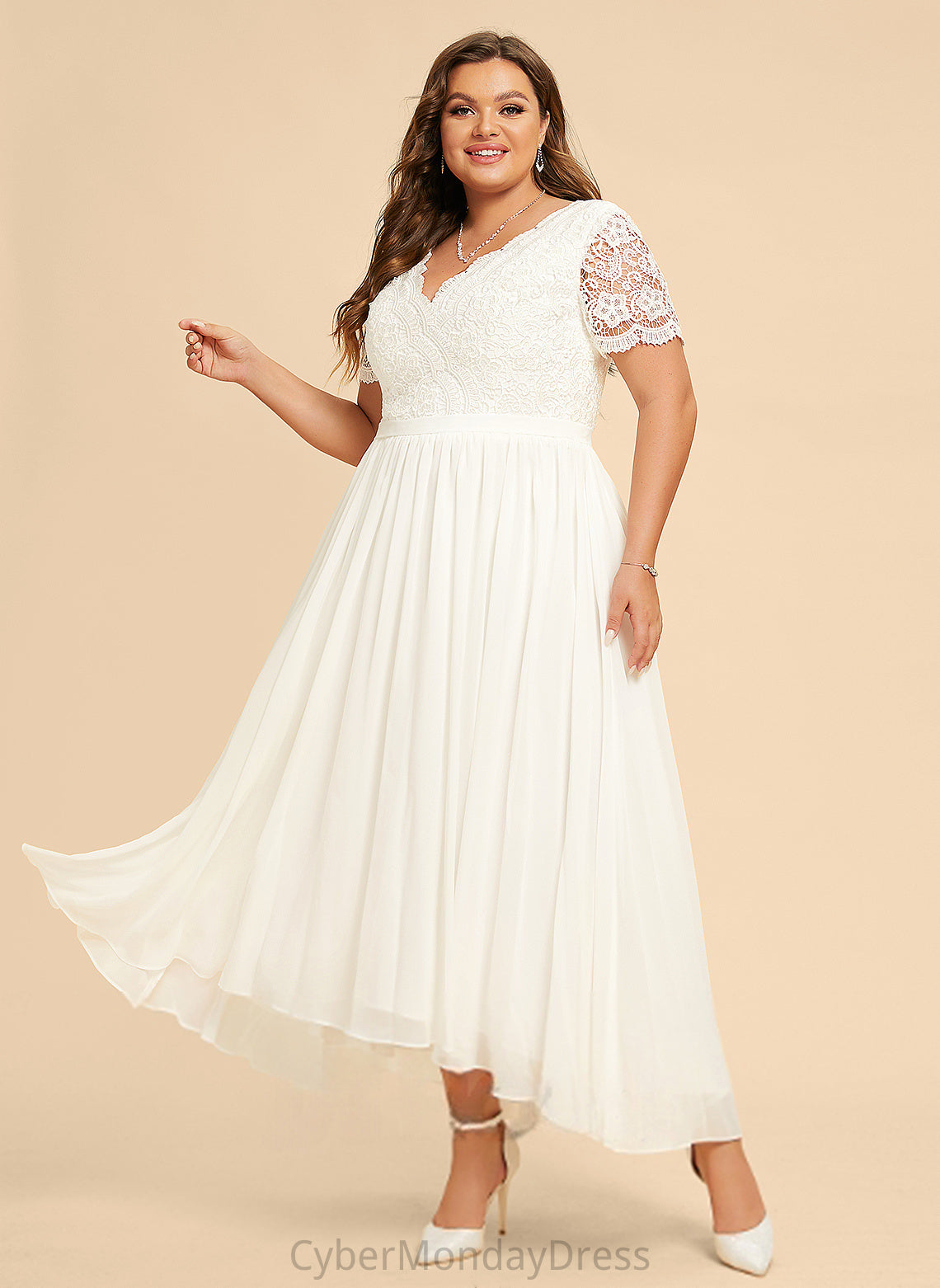 Chiffon V-neck Asymmetrical Nyasia Wedding Lace Dress Wedding Dresses A-Line