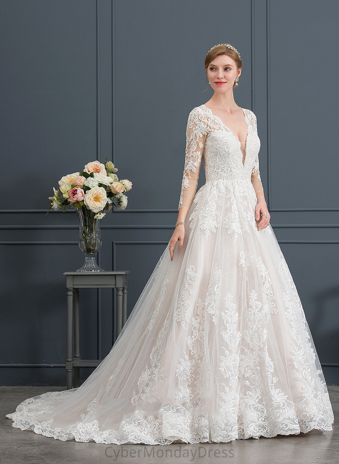 Kennedy Lace Wedding Ball-Gown/Princess V-neck Tulle Wedding Dresses Dress