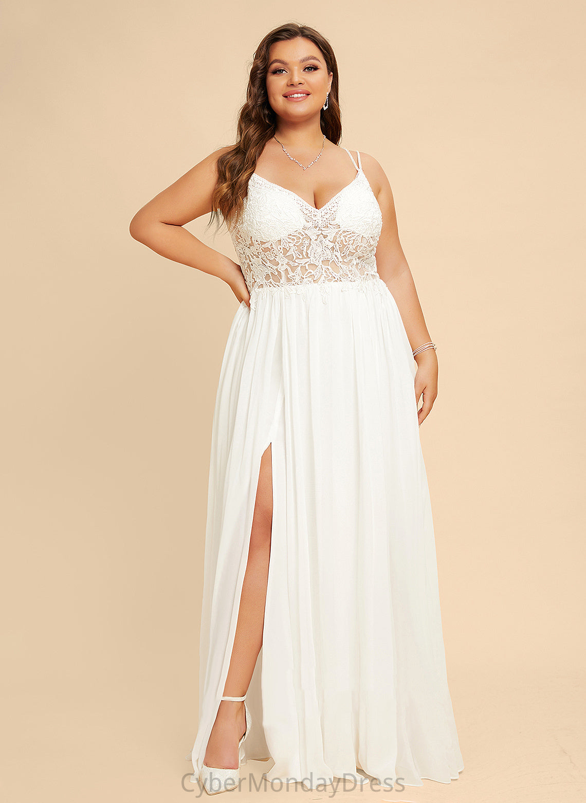 Abigayle Floor-Length Front Wedding Wedding Dresses With V-neck Split Dress A-Line Beading Lace Chiffon