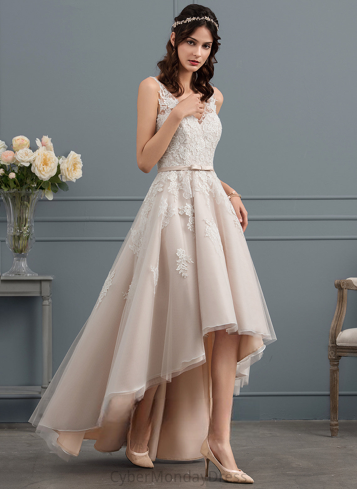 Asymmetrical Dress Tulle With Anahi Wedding Dresses V-neck A-Line Bow(s) Satin Wedding Lace