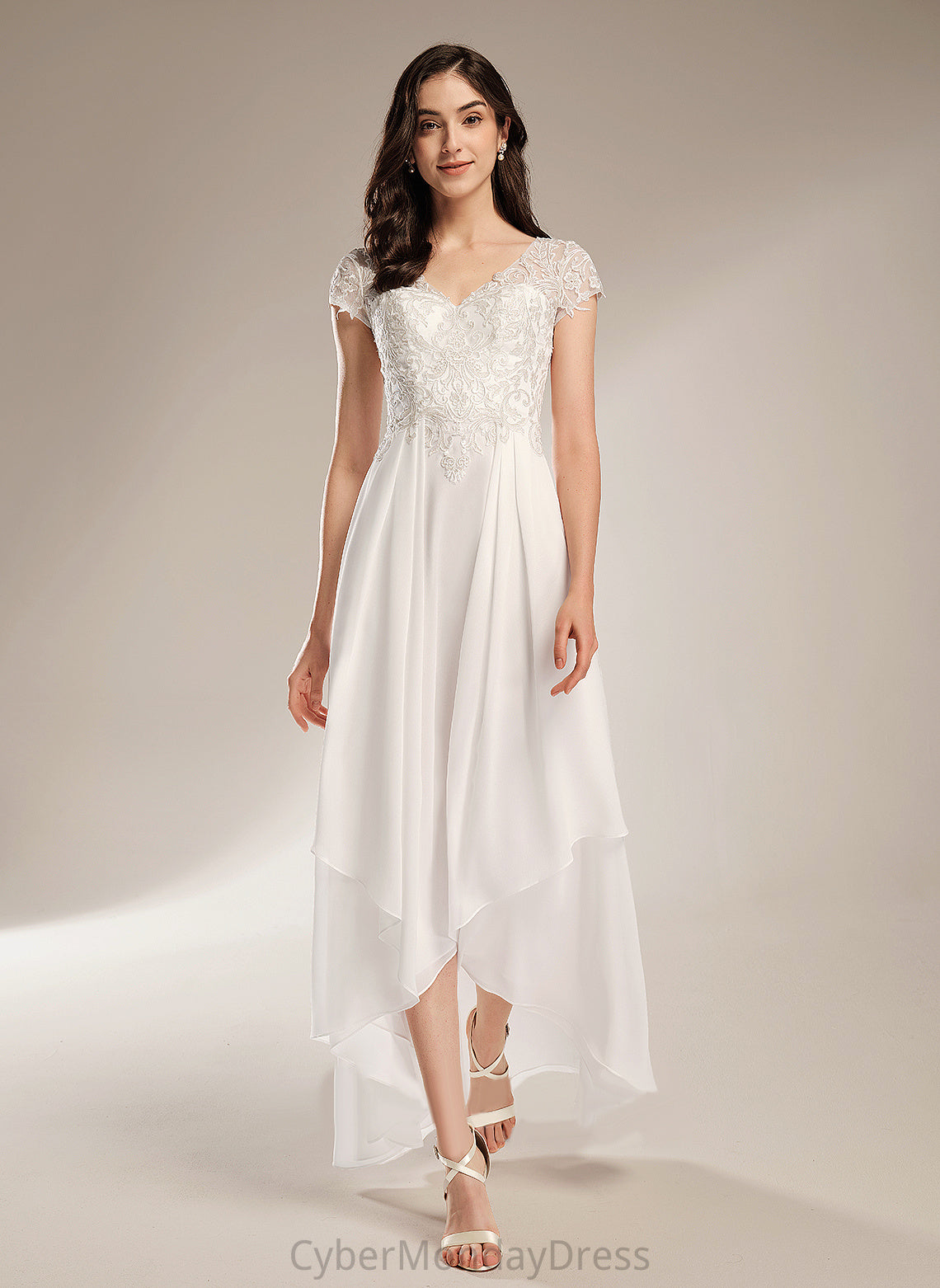 With Chiffon V-neck Lace Asymmetrical A-Line Dress Wendy Wedding Dresses Wedding