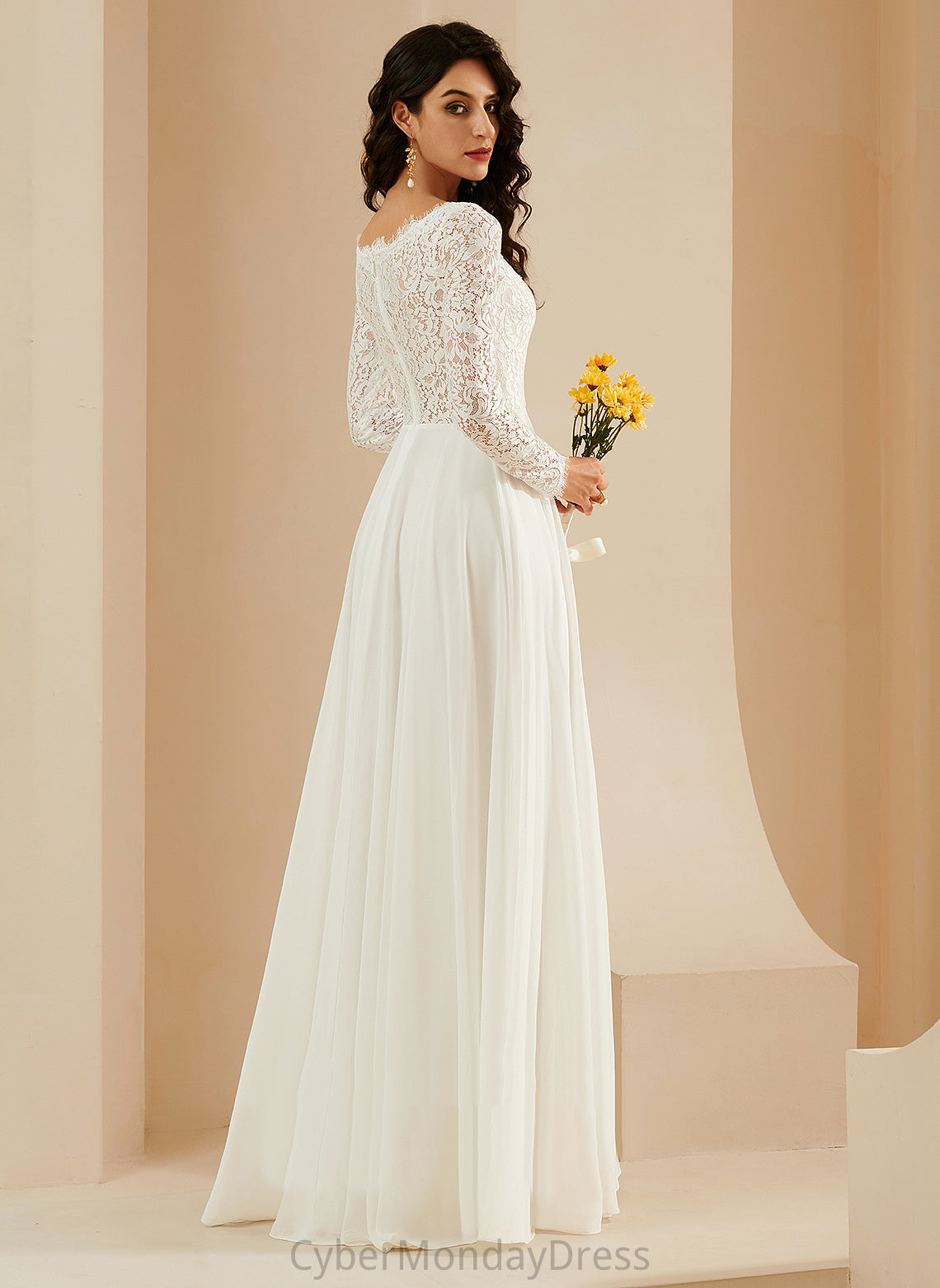 Sweep Wedding Dresses Chiffon Wedding Elaine Train Lace With A-Line Dress V-neck