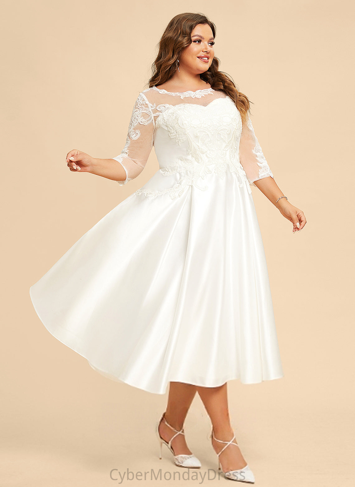 Dress A-Line Lace Tea-Length Gladys Wedding Dresses Illusion Satin Wedding