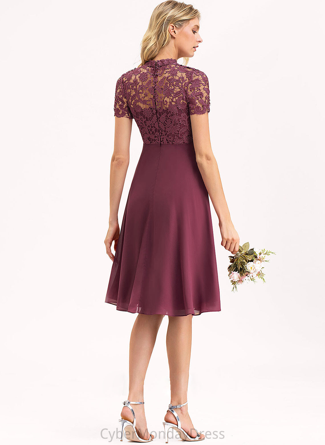 Length Fabric Lace ScoopNeck Silhouette A-Line Knee-Length Neckline Straps Emmy V-Neck Sleeveless Bridesmaid Dresses