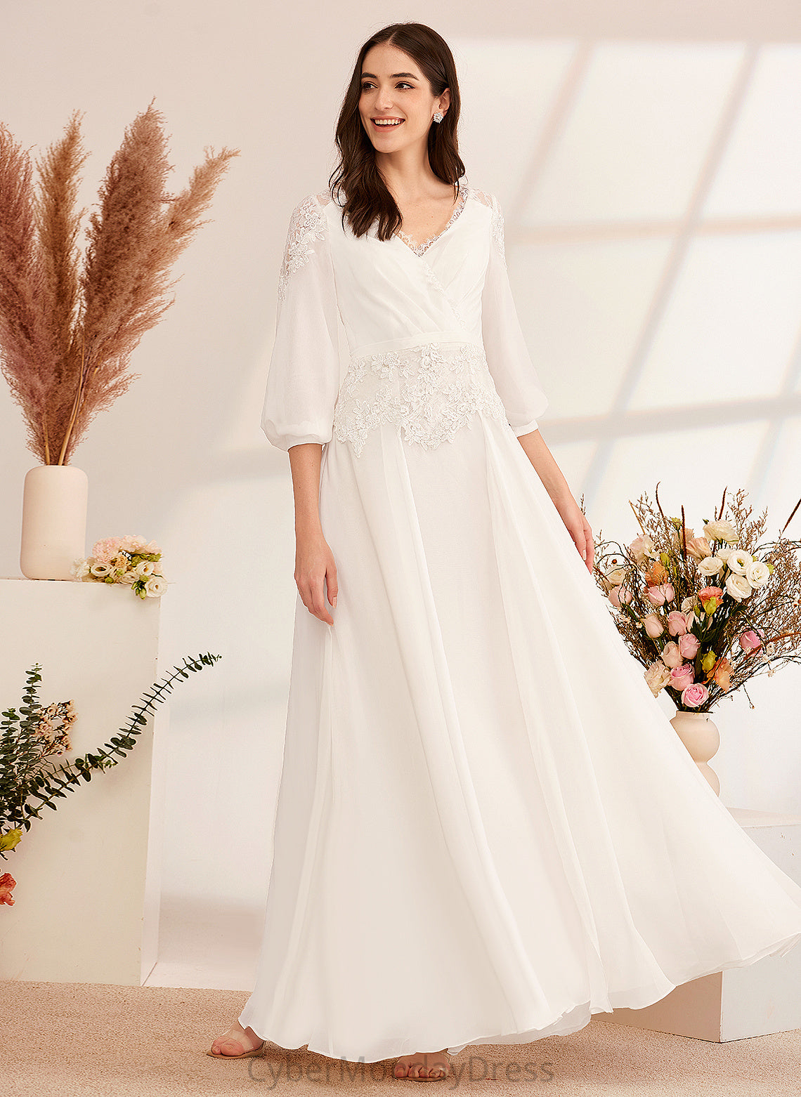 Chiffon Floor-Length Dress A-Line Wedding Dresses Ryann Wedding V-neck