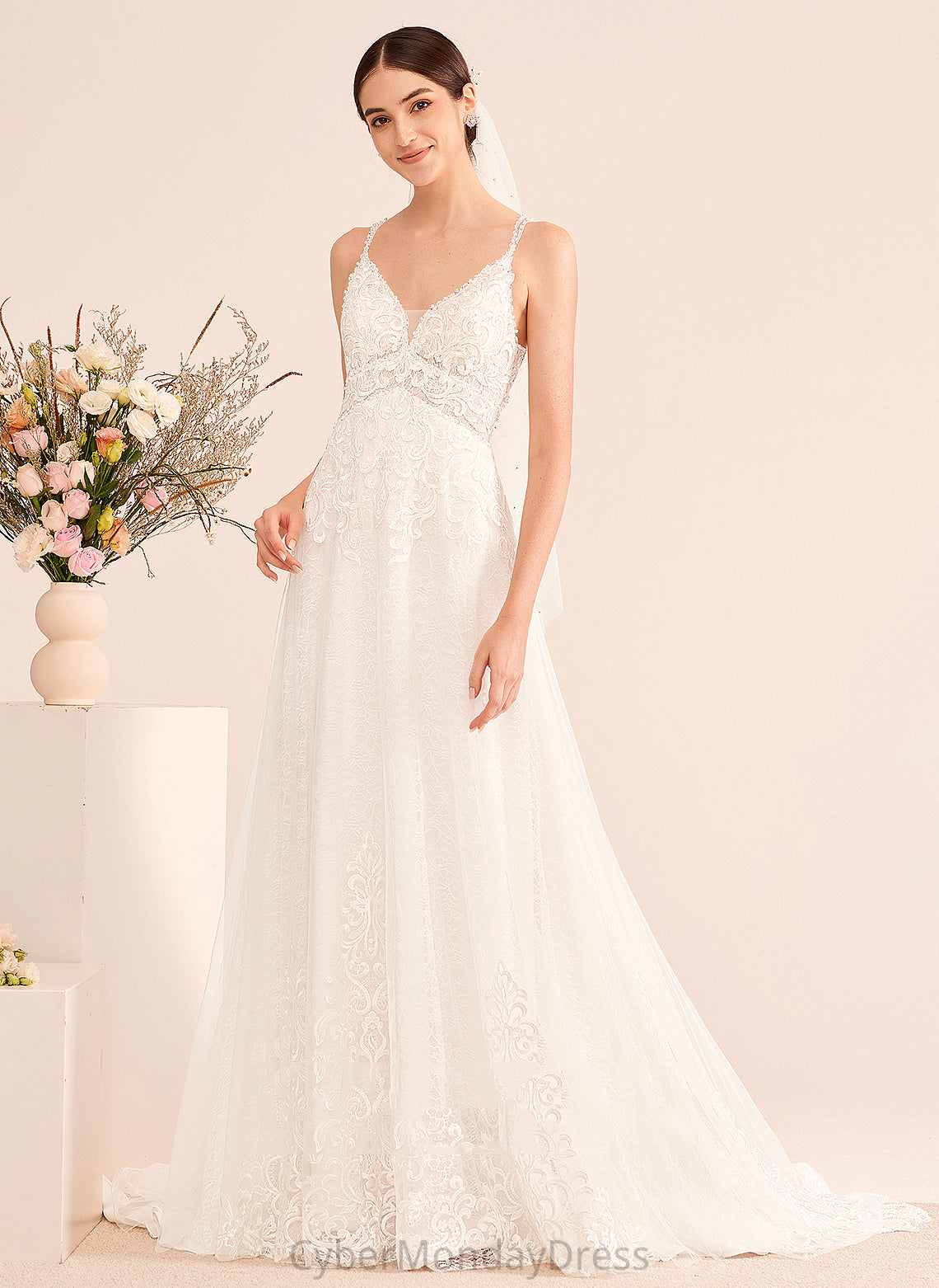 Court Train Beading Dress Wedding Dresses Kiersten A-Line With Tulle Lace V-neck Wedding