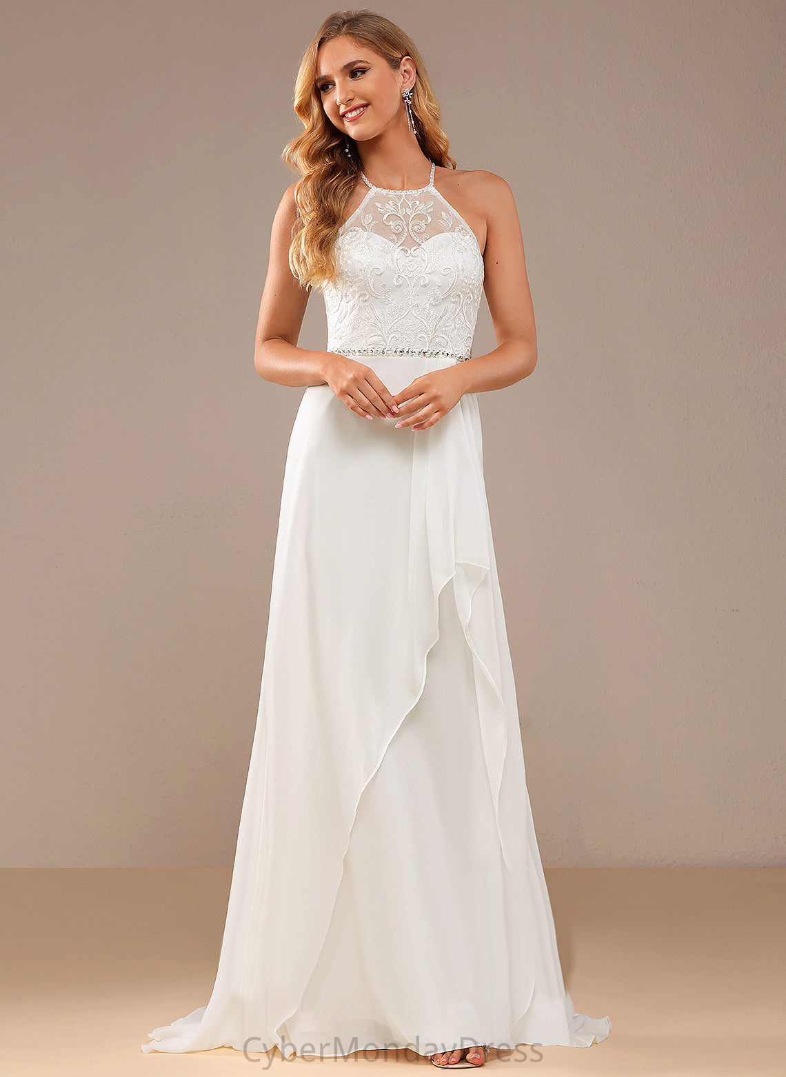 Train With Dress Wedding Chiffon Sweep Lace Beading High Wedding Dresses Neck Sequins A-Line Lace Urania