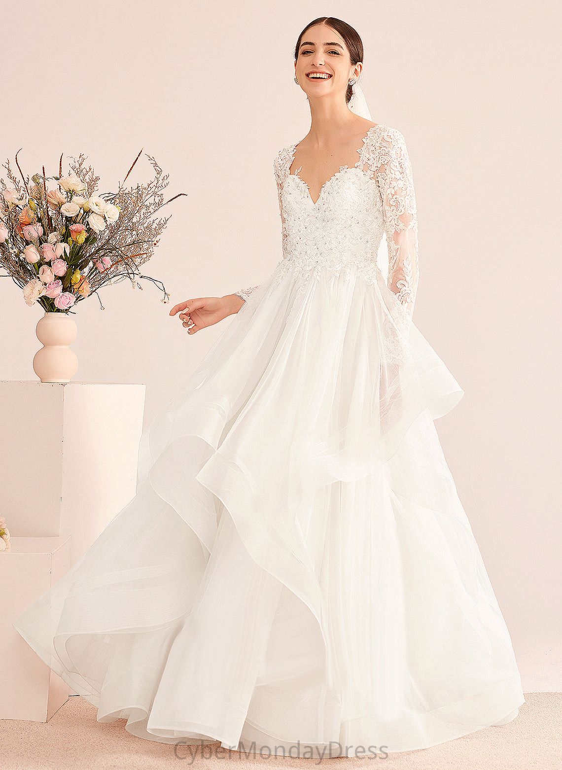 Floor-Length With Sequins Wedding Dresses Tulle Dress Wedding Ball-Gown/Princess Beading Kianna V-neck Lace