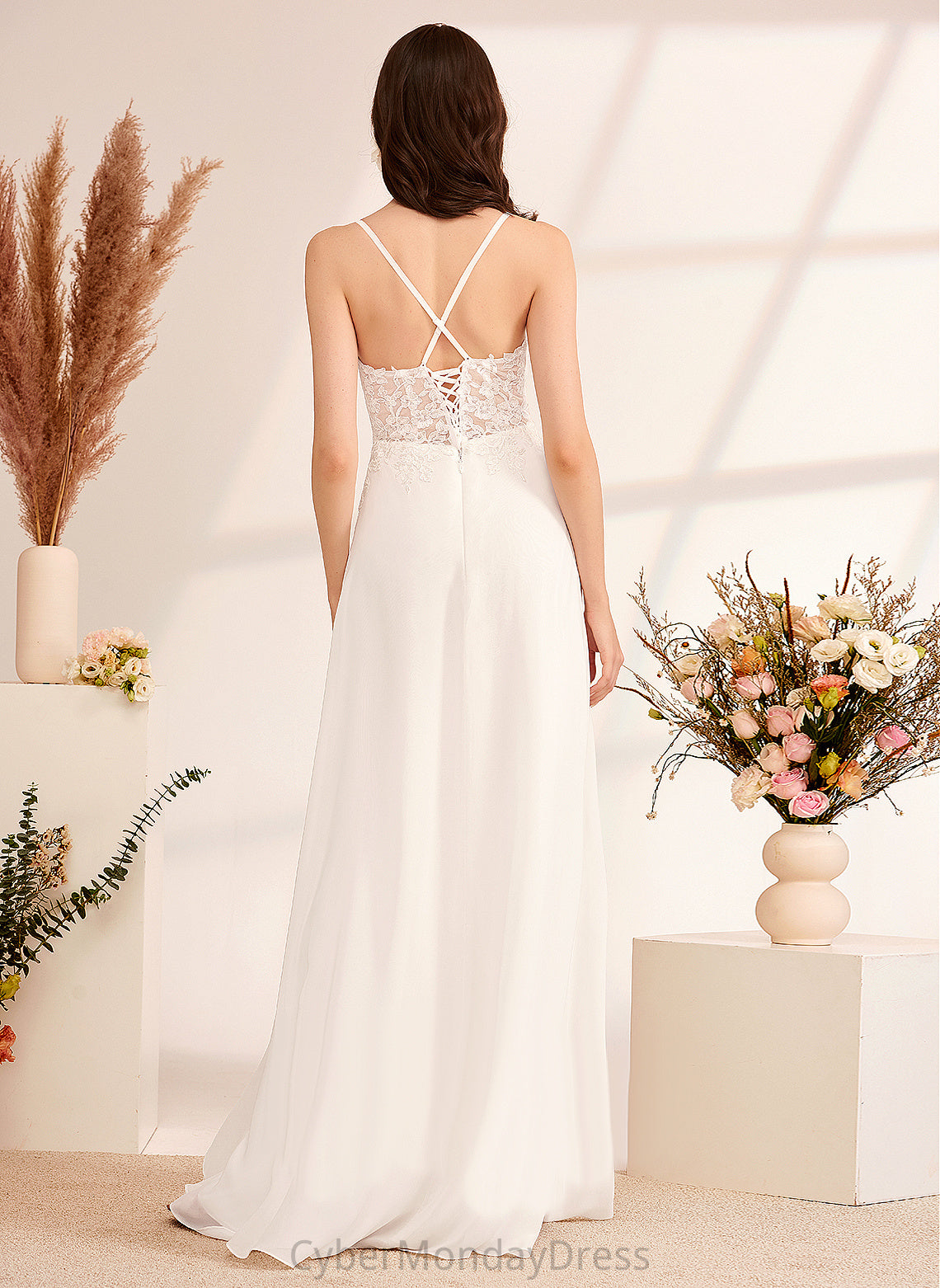 Wedding Dresses With V-neck Dress Lace Sequins Chiffon Wedding A-Line Mina Floor-Length