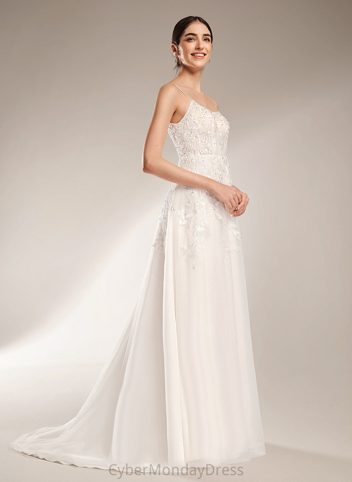 A-Line Tiana Wedding Dresses Sequins Lace Court With Wedding Dress Neckline Beading Tulle Train Square