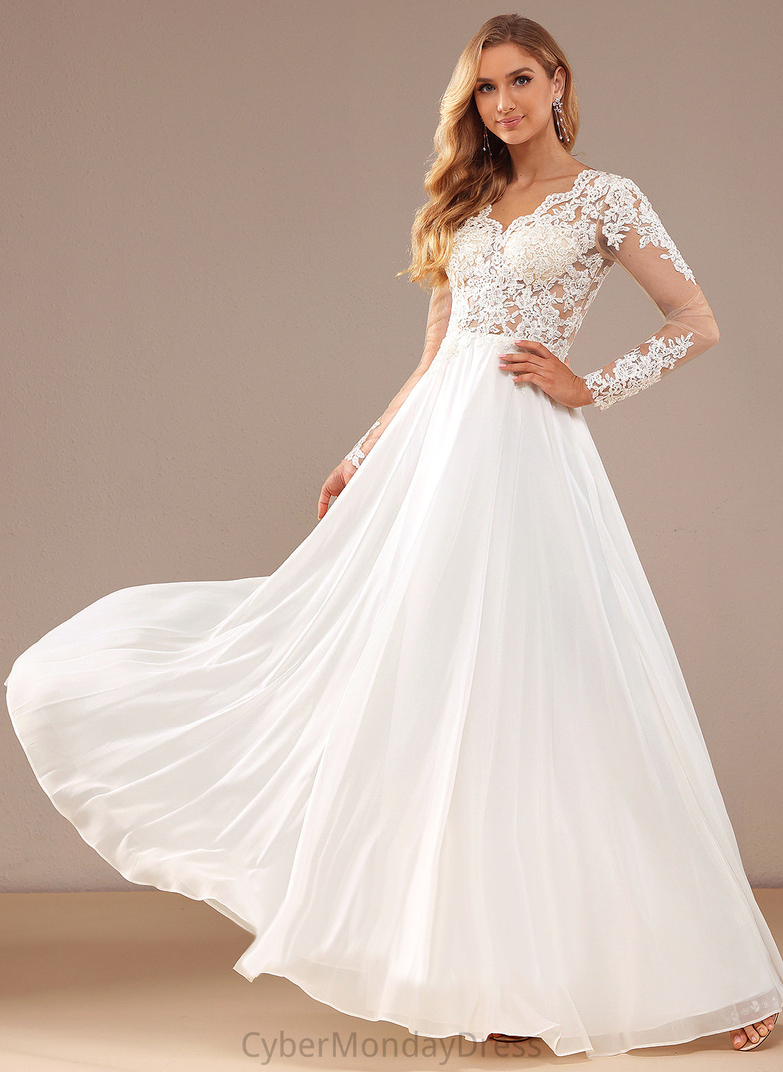 A-Line Wedding Lace Natasha V-neck Floor-Length With Chiffon Dress Sequins Wedding Dresses