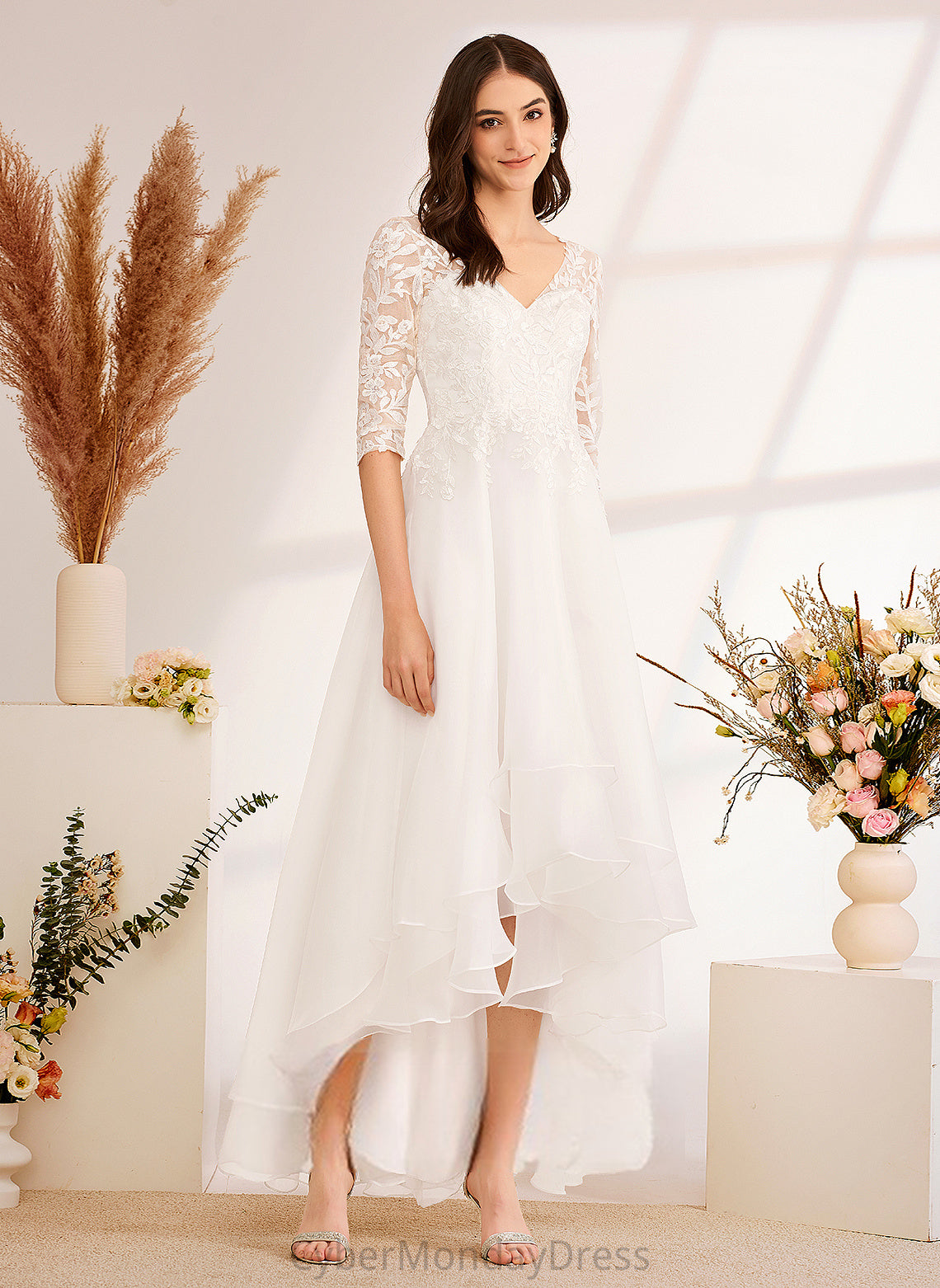 Lace V-neck Corinne Tulle Dress Beading Wedding Wedding Dresses Asymmetrical With Sequins A-Line