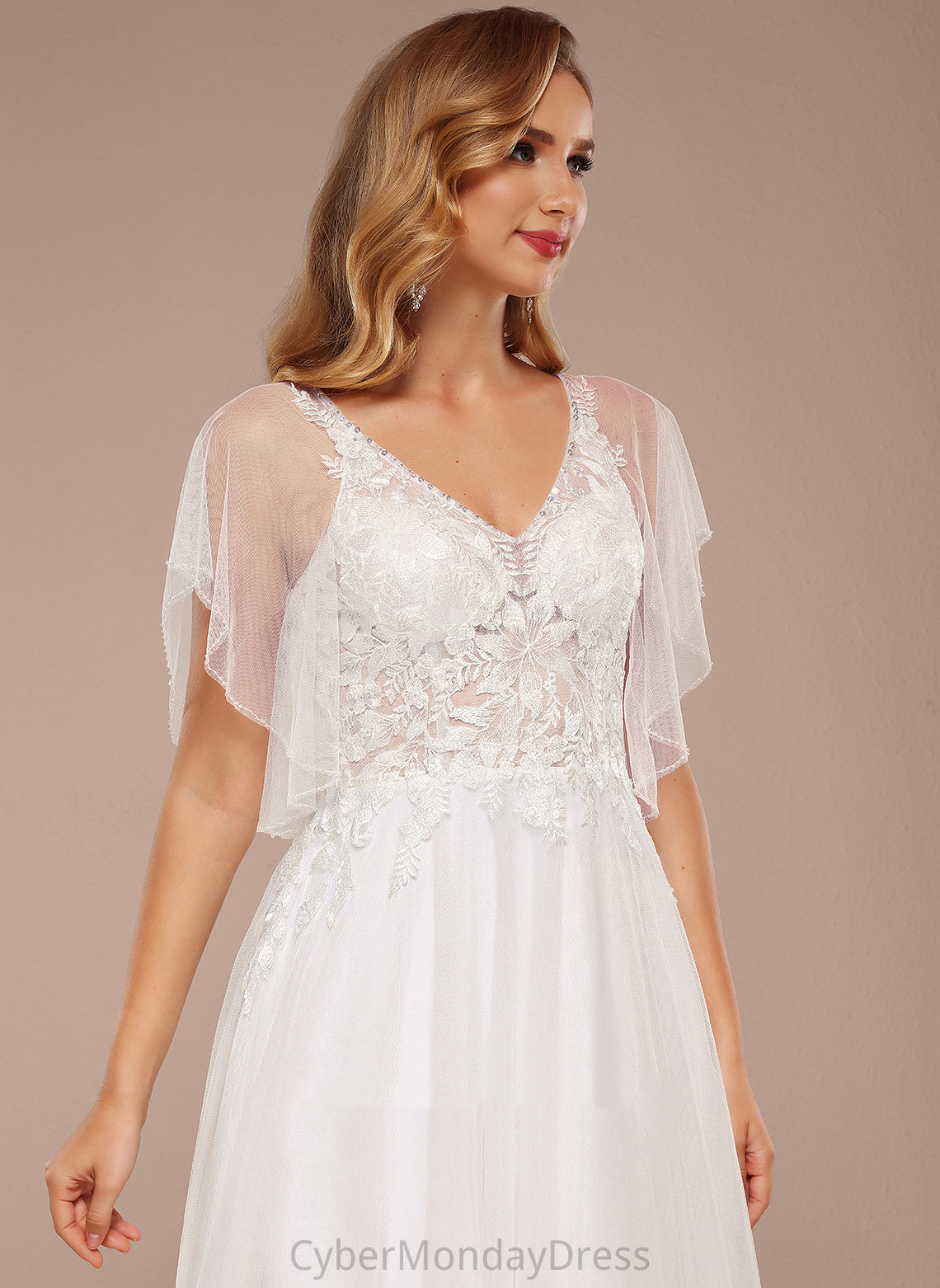 Wedding Dresses Floor-Length Laney Tulle Dress With V-neck Lace Sequins A-Line Wedding Ruffle