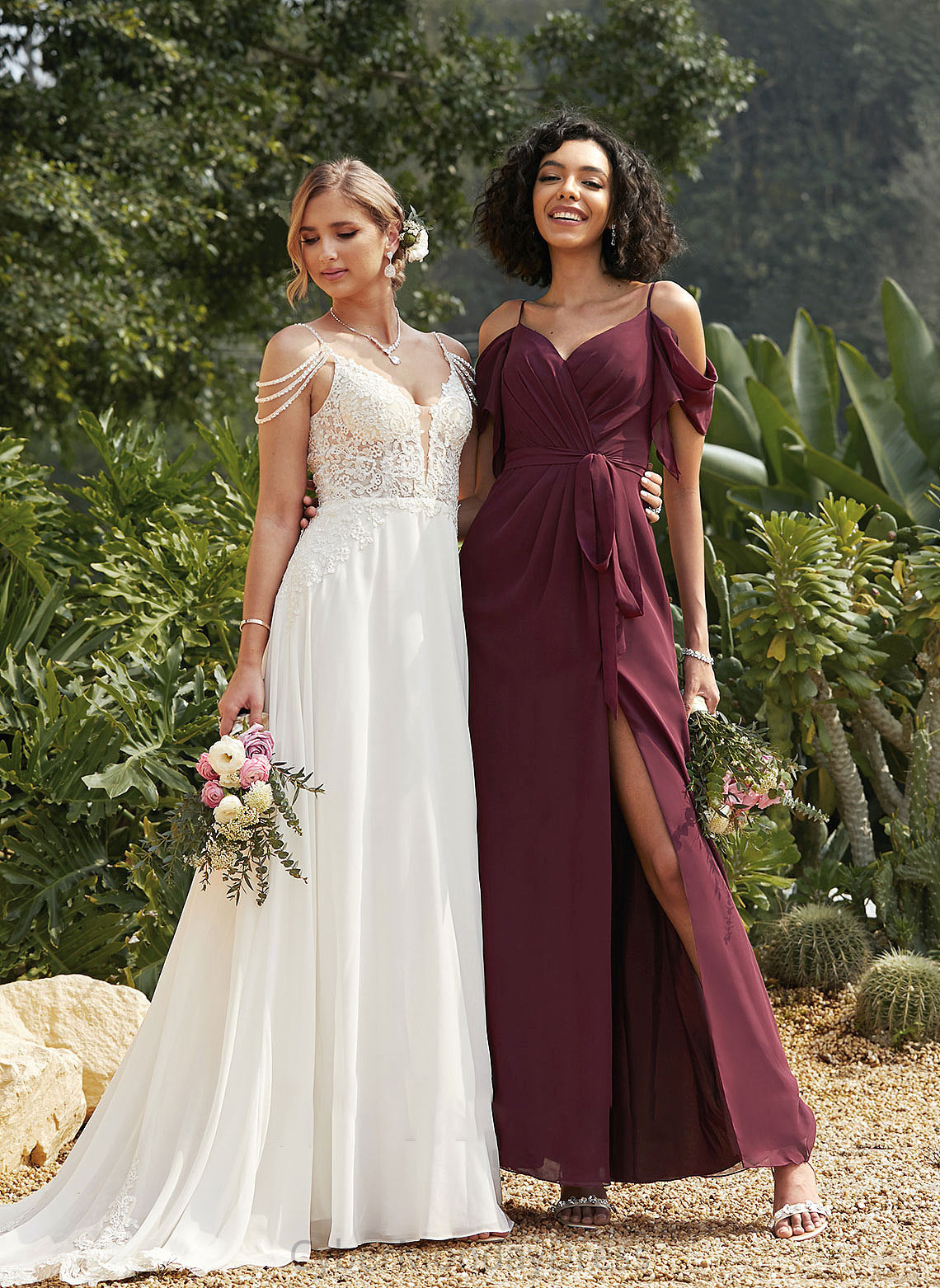 Neckline SplitFront Silhouette V-neck Ruffle A-Line Embellishment Fabric Floor-Length Length Anabelle Bridesmaid Dresses